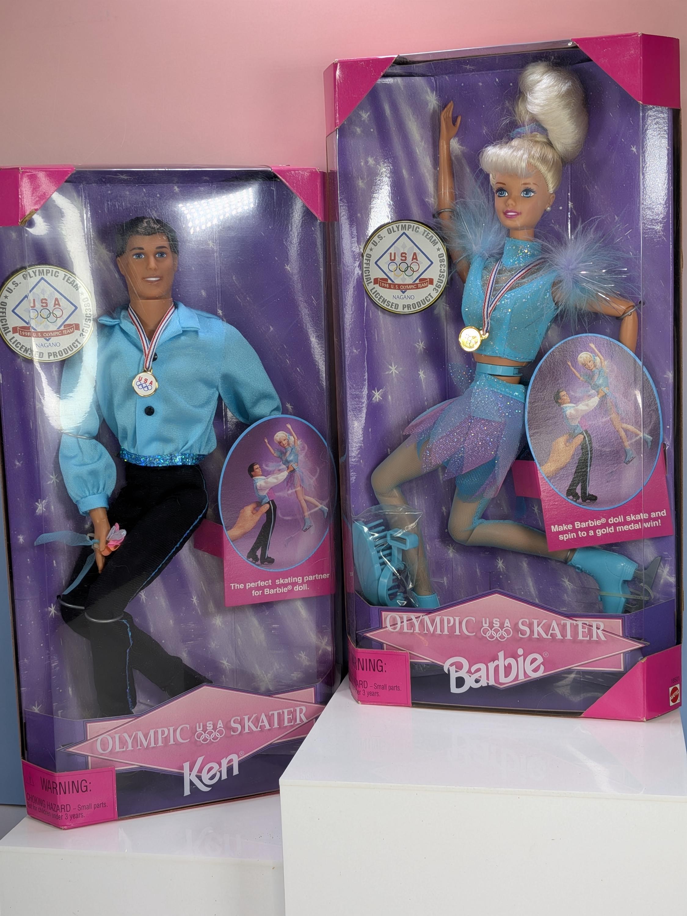 Vintage 1997 Mattel Olympic Skater Barbie and Ken Dolls NIB, Nagano 1998 Winter Games Collectible Figure Set, 90s Toys Deadstock Mint in Box view 3