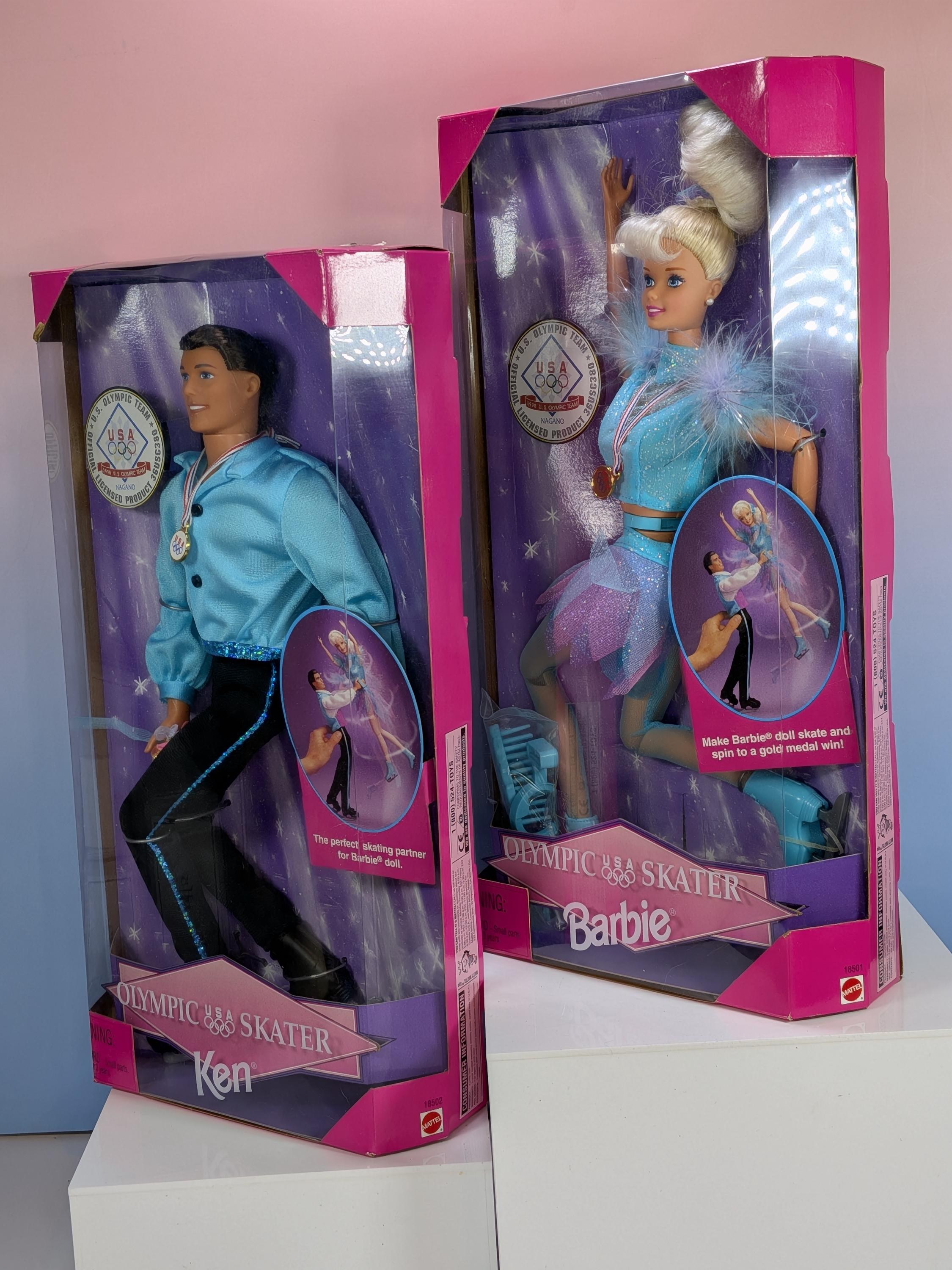 Vintage 1997 Mattel Olympic Skater Barbie and Ken Dolls NIB, Nagano 1998 Winter Games Collectible Figure Set, 90s Toys Deadstock Mint in Box view 7