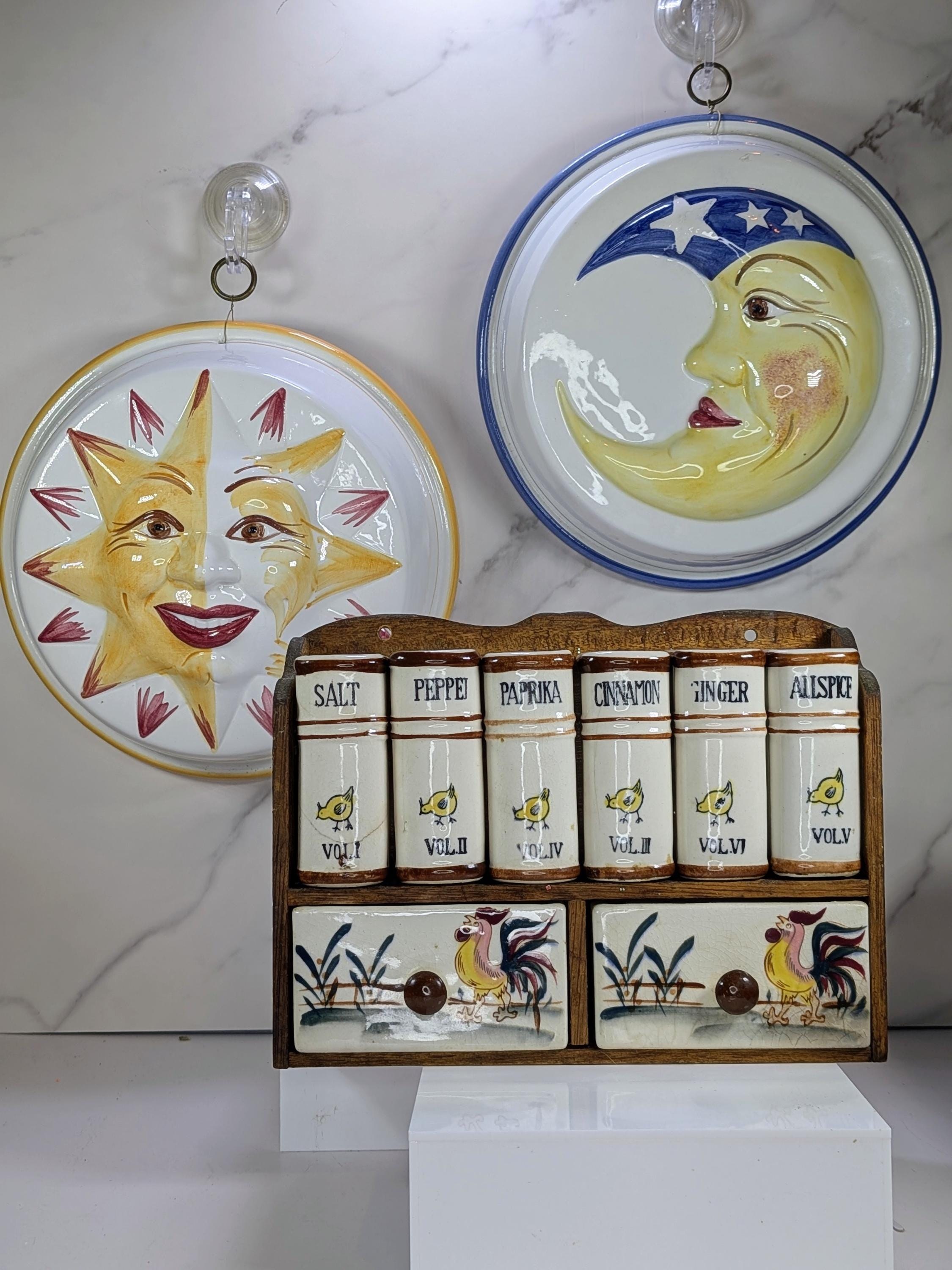 Vintage Mid Century Curated Kitchen Bundle - Fred Roberts Rooster Spice Rack - and Italian Hand Painted Ceramic Sun Moon Jello Molds