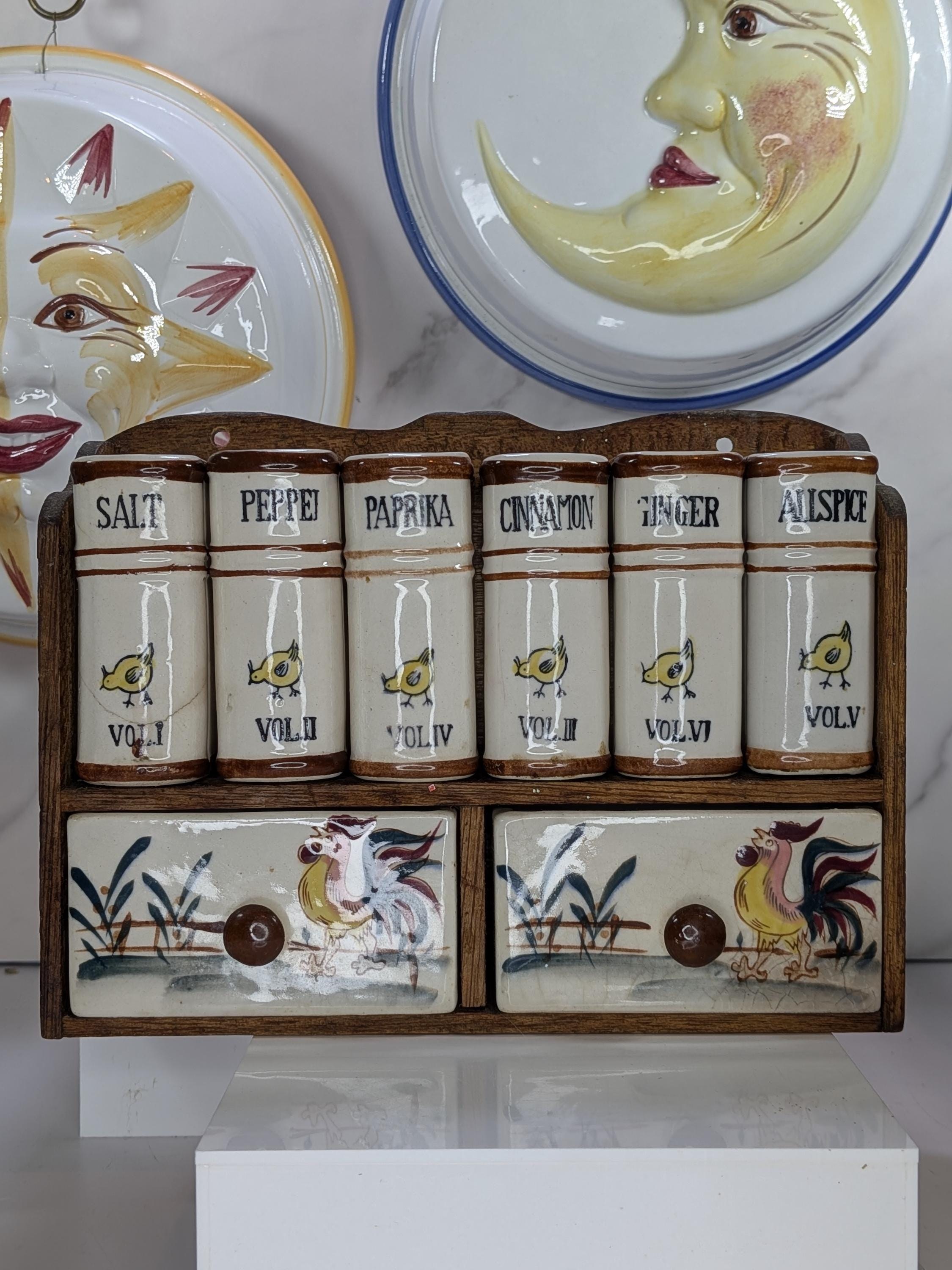 Vintage Mid Century Curated Kitchen Bundle - Fred Roberts Rooster Spice Rack - and Italian Hand Painted Ceramic Sun Moon Jello Molds view 2