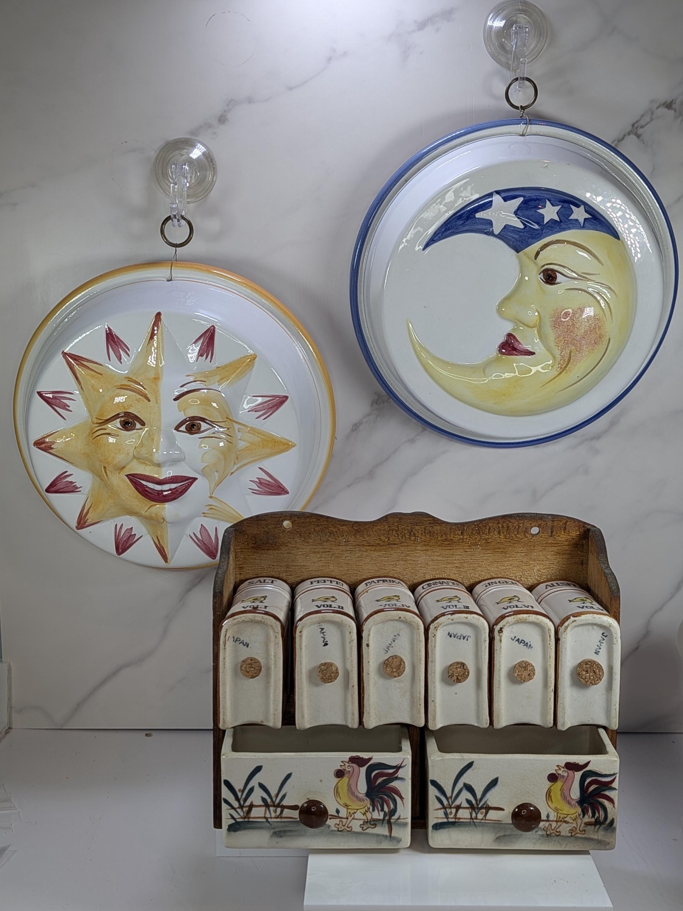 Vintage Mid Century Curated Kitchen Bundle - Fred Roberts Rooster Spice Rack - and Italian Hand Painted Ceramic Sun Moon Jello Molds view 11