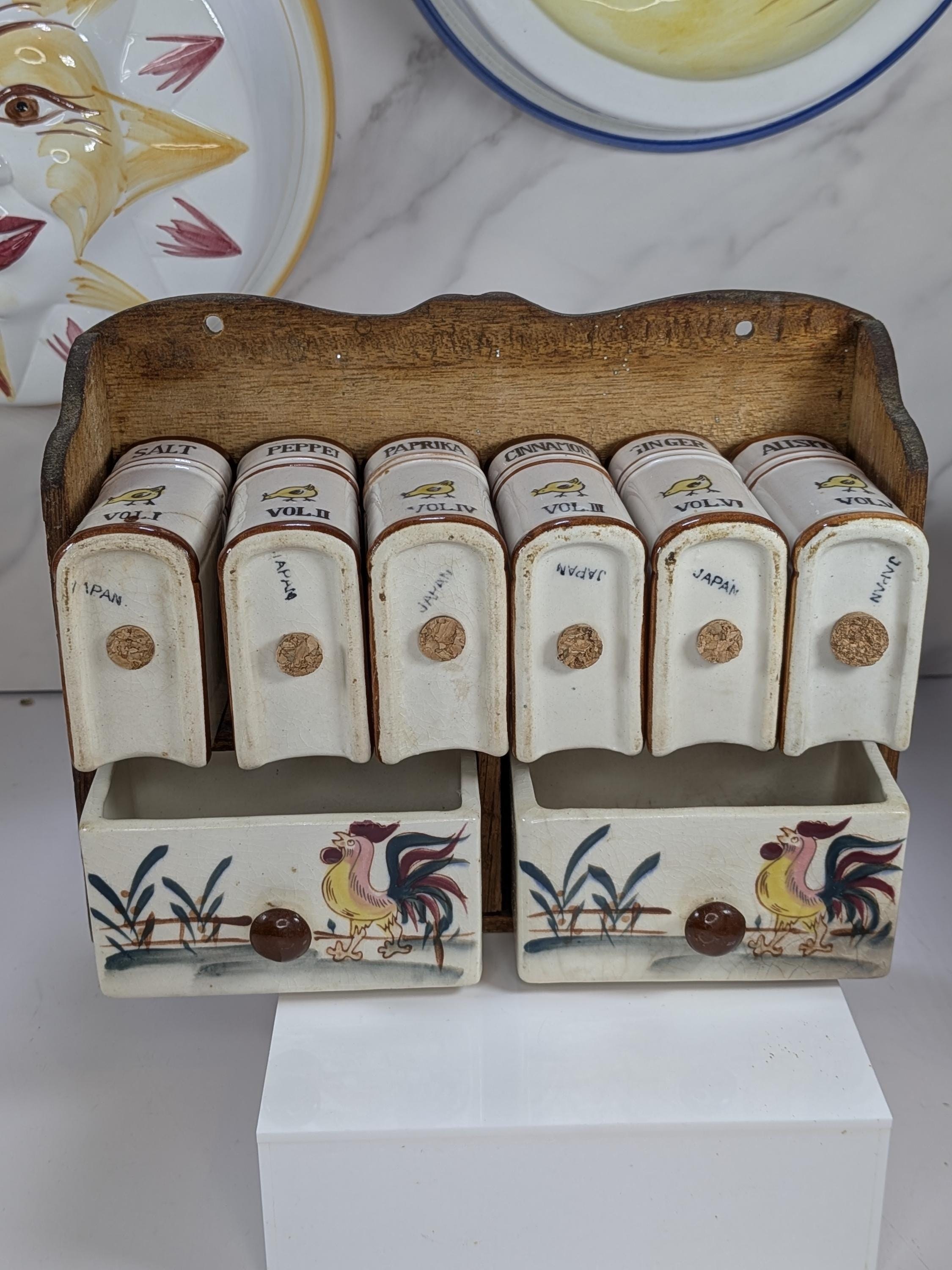 Vintage Mid Century Curated Kitchen Bundle - Fred Roberts Rooster Spice Rack - and Italian Hand Painted Ceramic Sun Moon Jello Molds view 12