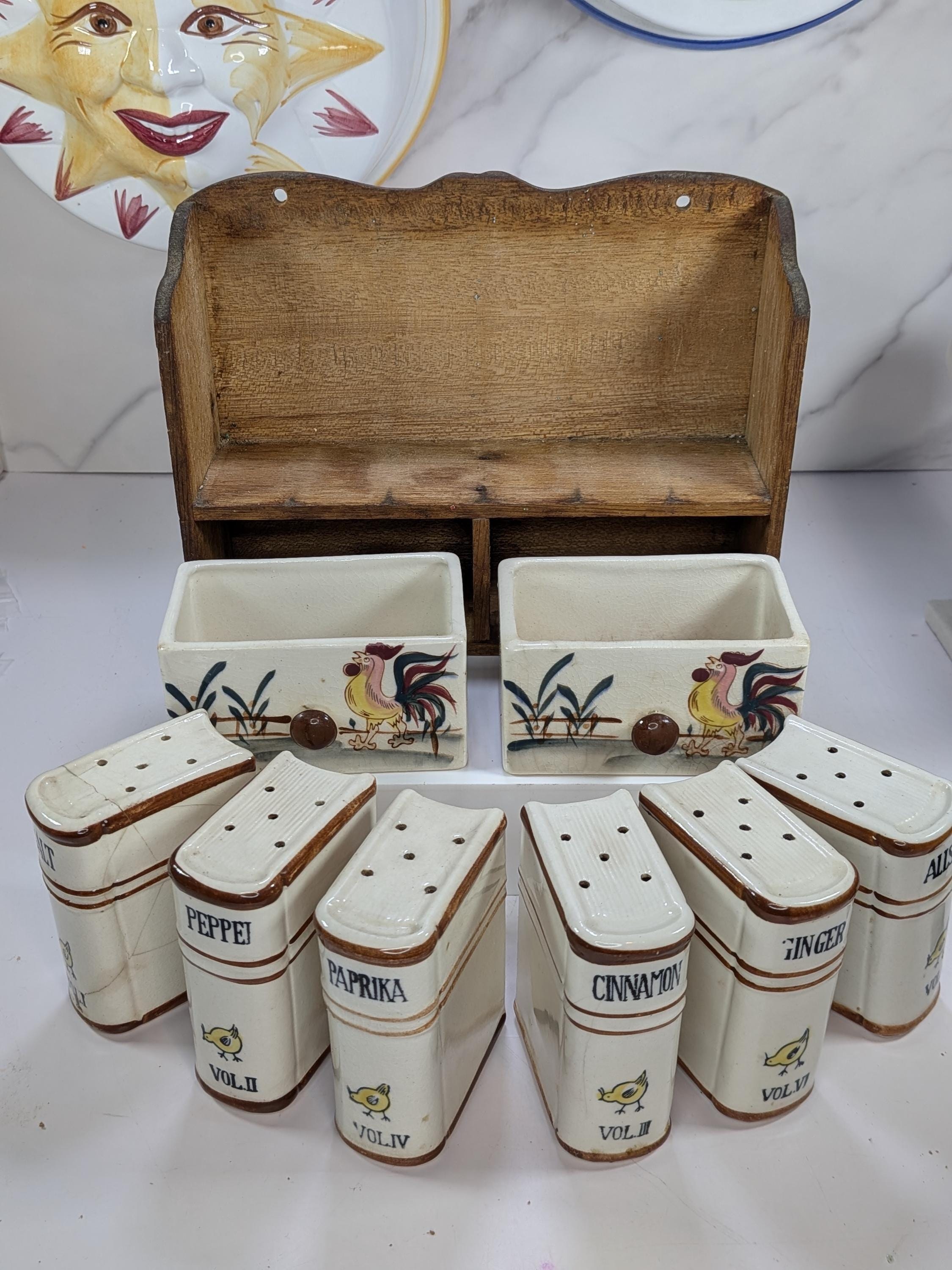 Vintage Mid Century Curated Kitchen Bundle - Fred Roberts Rooster Spice Rack - and Italian Hand Painted Ceramic Sun Moon Jello Molds view 15
