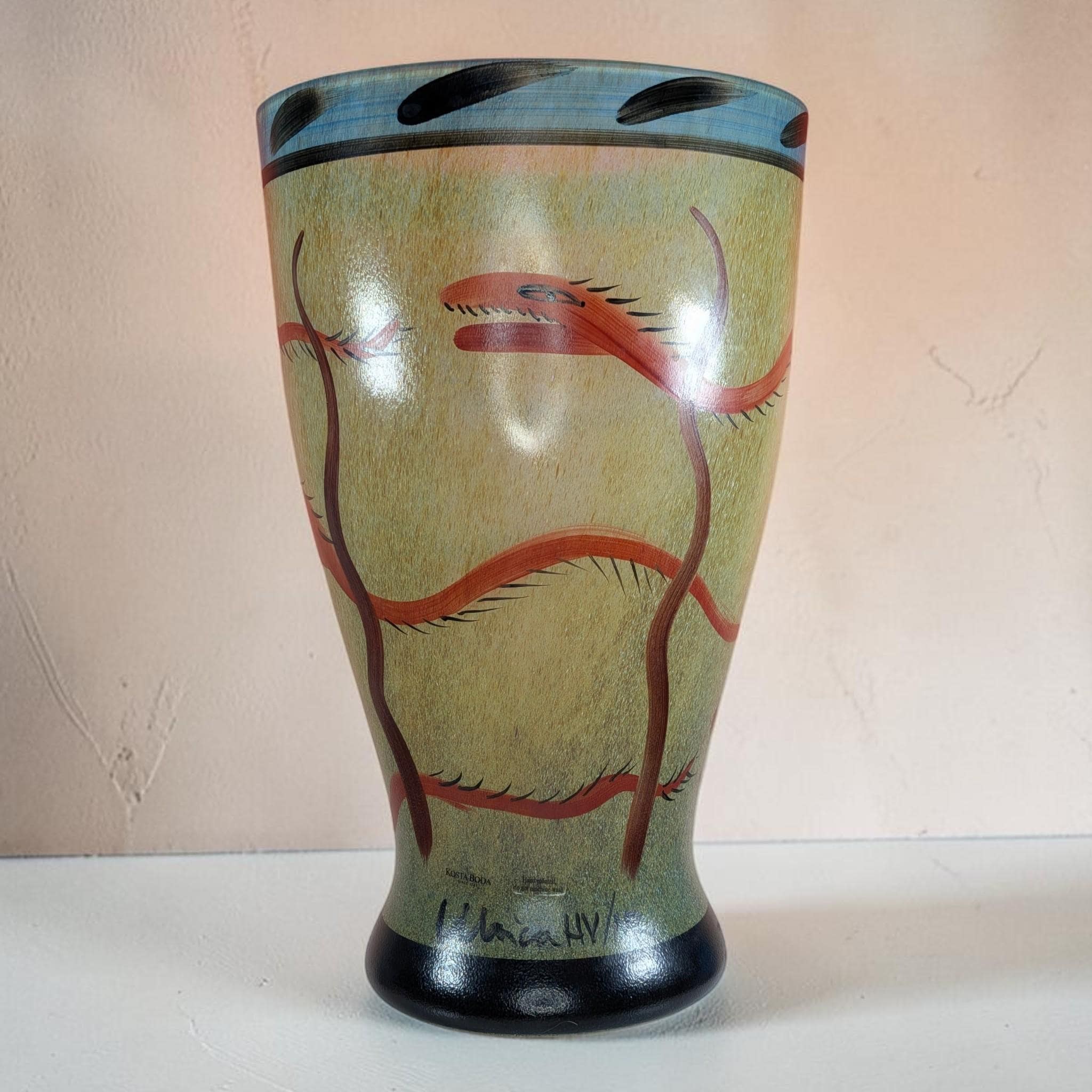 Kosta Boda Nevada Glass Vase Signed Ulrica Hydman Vallien 13" Swedish Art Glass Hand Painted Desert Serpent Vintage - Immaculate Condition