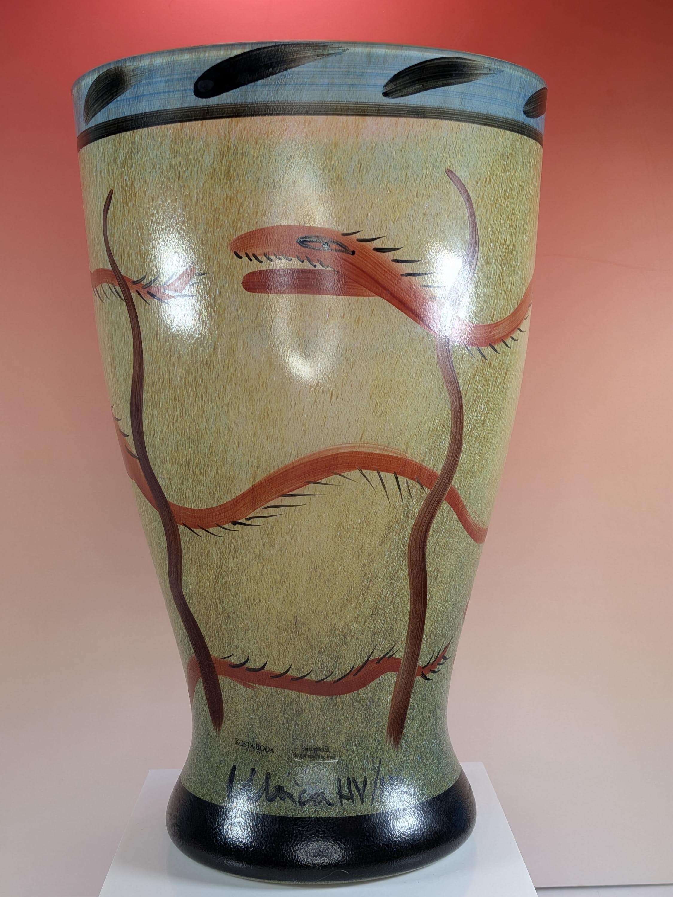 Kosta Boda Nevada Glass Vase Signed Ulrica Hydman Vallien 13" Swedish Art Glass Hand Painted Desert Serpent Vintage - Immaculate Condition view 2