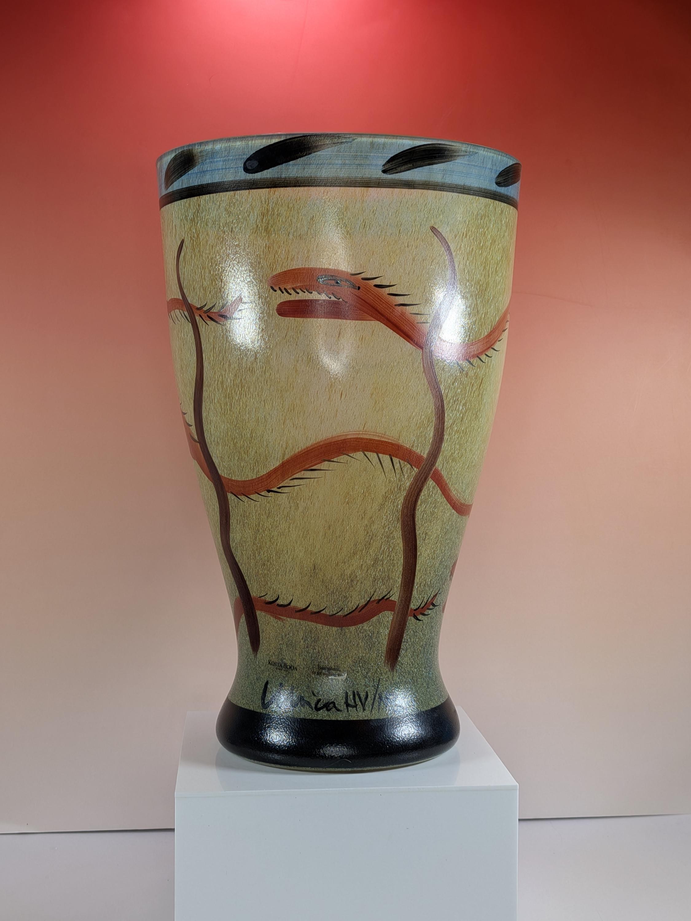Kosta Boda Nevada Glass Vase Signed Ulrica Hydman Vallien 13" Swedish Art Glass Hand Painted Desert Serpent Vintage - Immaculate Condition view 13