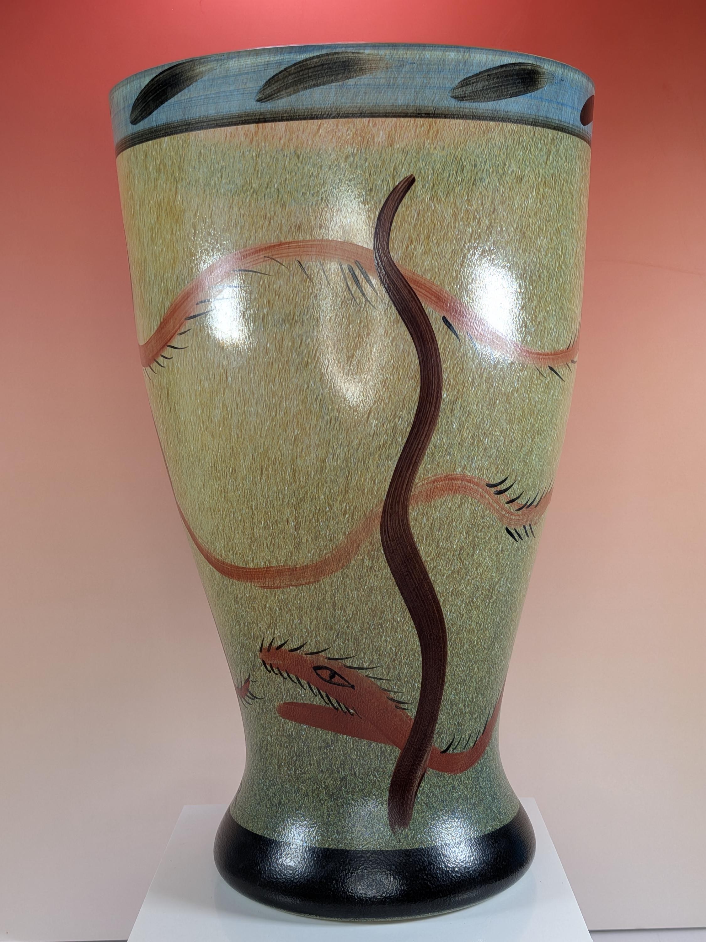 Kosta Boda Nevada Glass Vase Signed Ulrica Hydman Vallien 13" Swedish Art Glass Hand Painted Desert Serpent Vintage - Immaculate Condition view 4