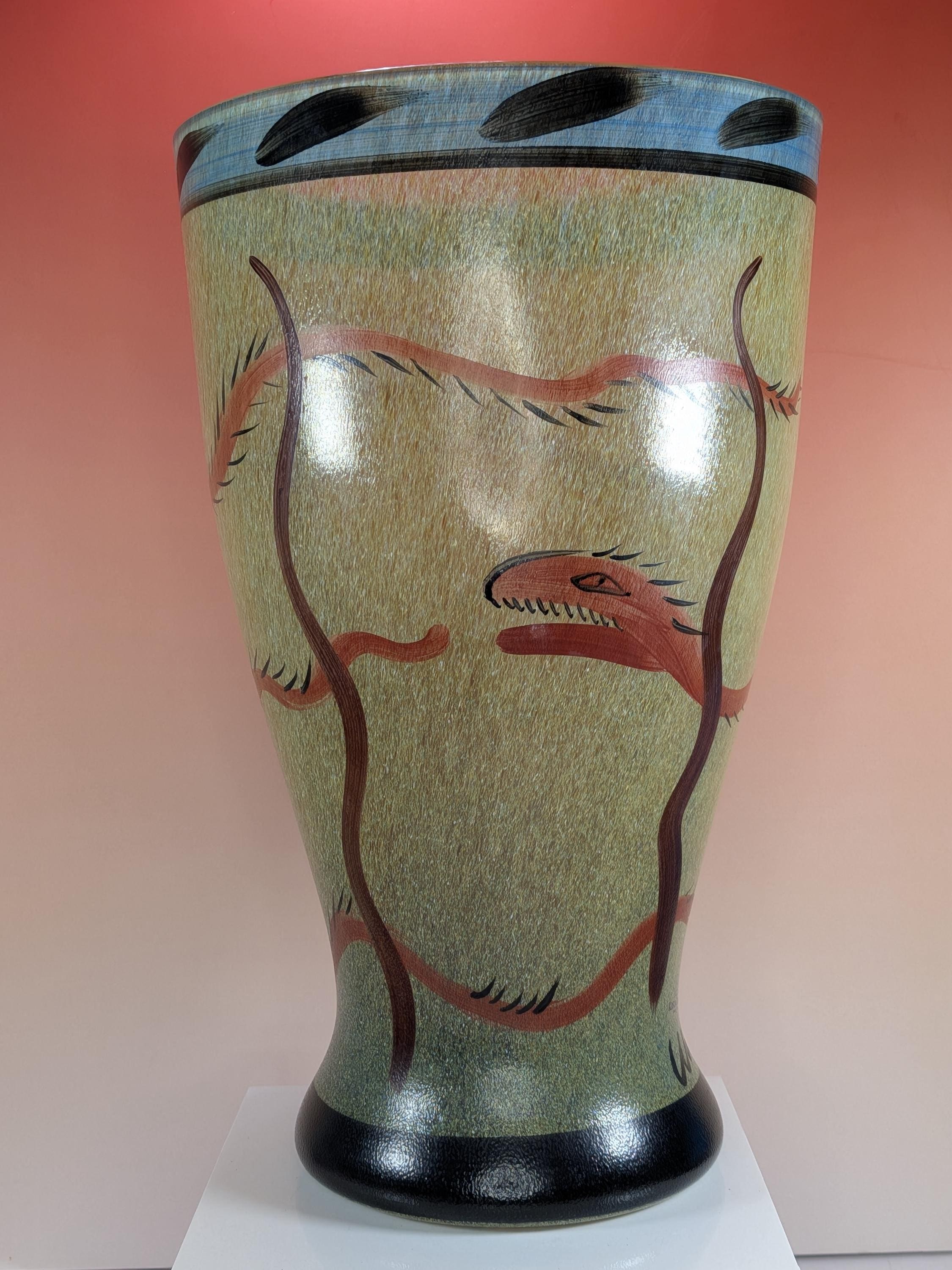 Kosta Boda Nevada Glass Vase Signed Ulrica Hydman Vallien 13" Swedish Art Glass Hand Painted Desert Serpent Vintage - Immaculate Condition view 6