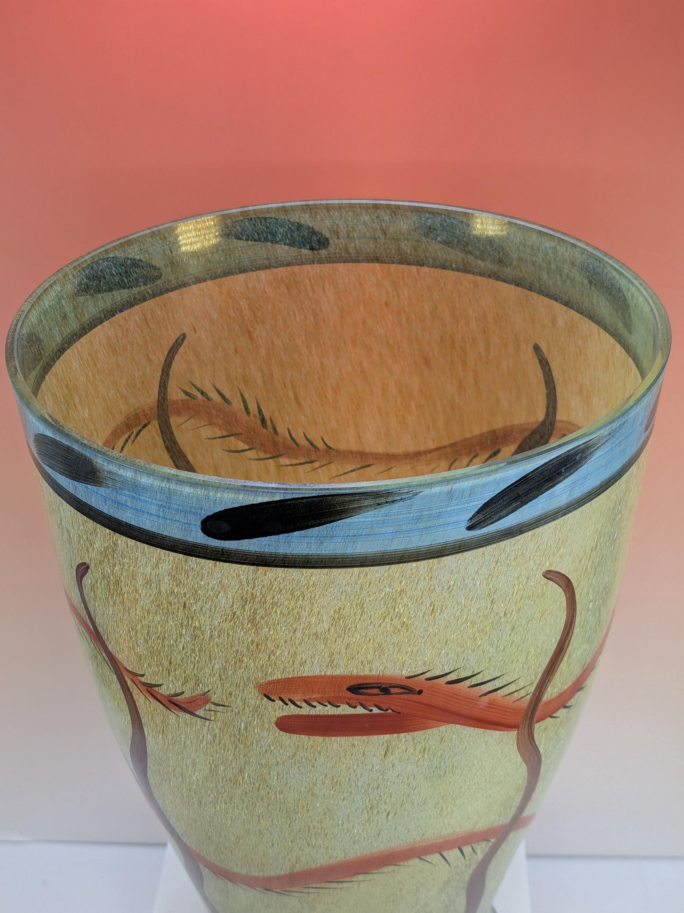 Kosta Boda Nevada Glass Vase Signed Ulrica Hydman Vallien 13" Swedish Art Glass Hand Painted Desert Serpent Vintage - Immaculate Condition view 8