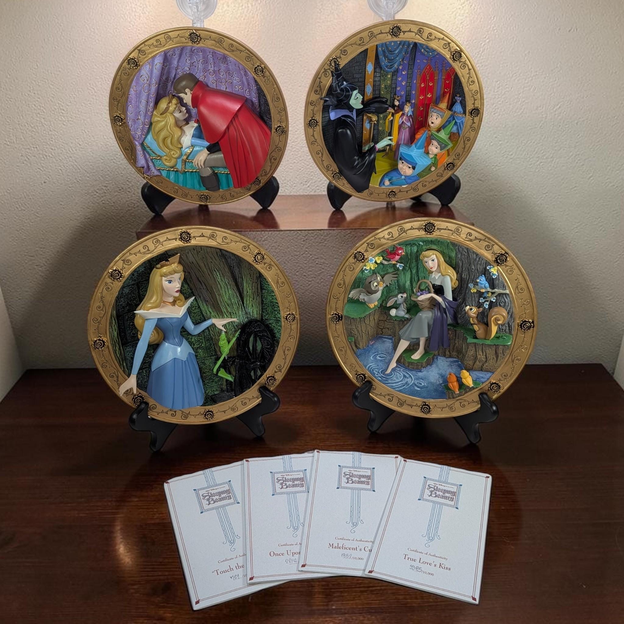 Complete Set of 4 Vintage Disney Store Sleeping Beauty 3D Sculptural Plates - Limited Edition - Mint in Box - with all 4 COAs