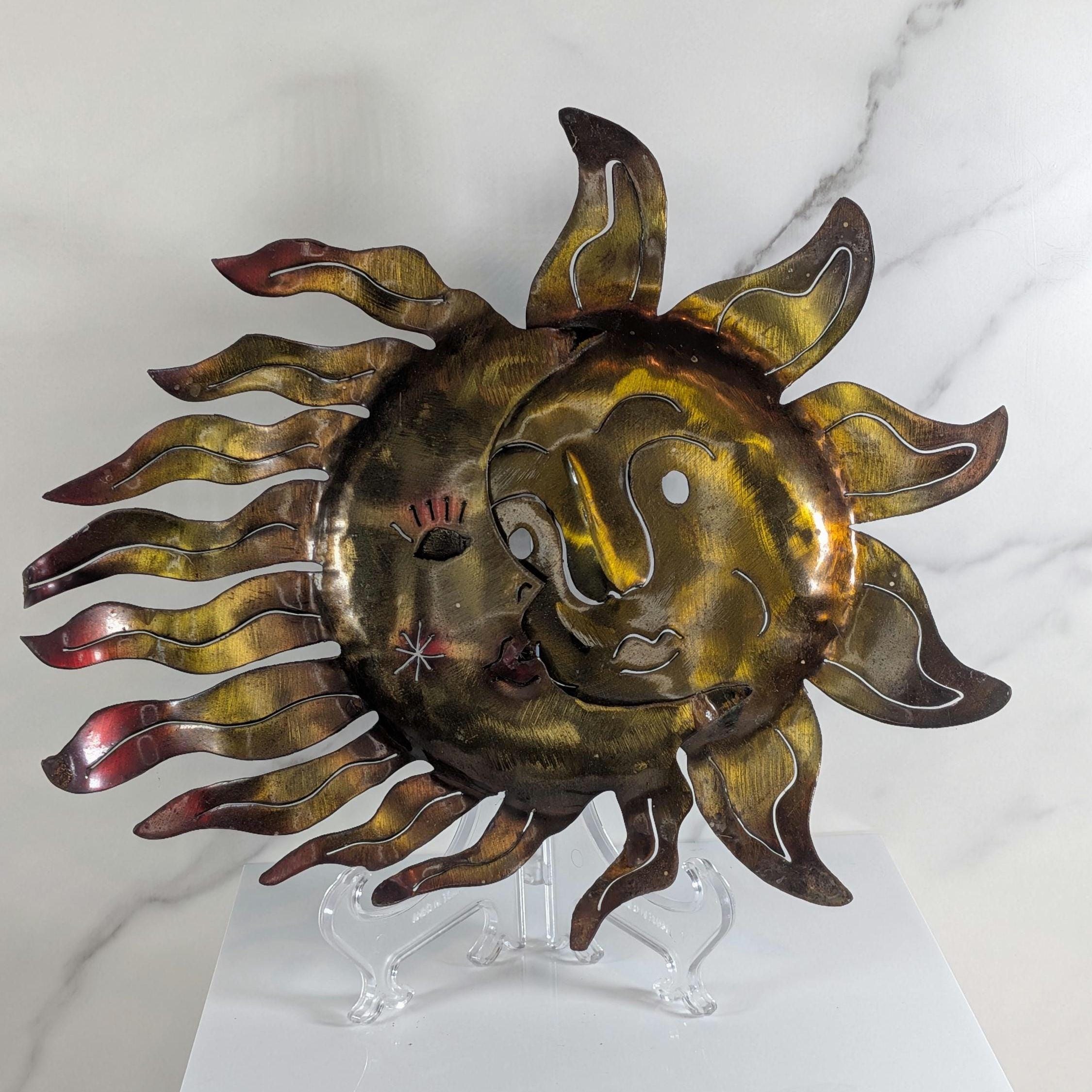 Vintage Celestial Metal Wall Art - Copper Sun and Moon Burst Sculpture -Boho Outdoor Garden Patio Hanging Plaque Large 90s Cosmic Home Decor