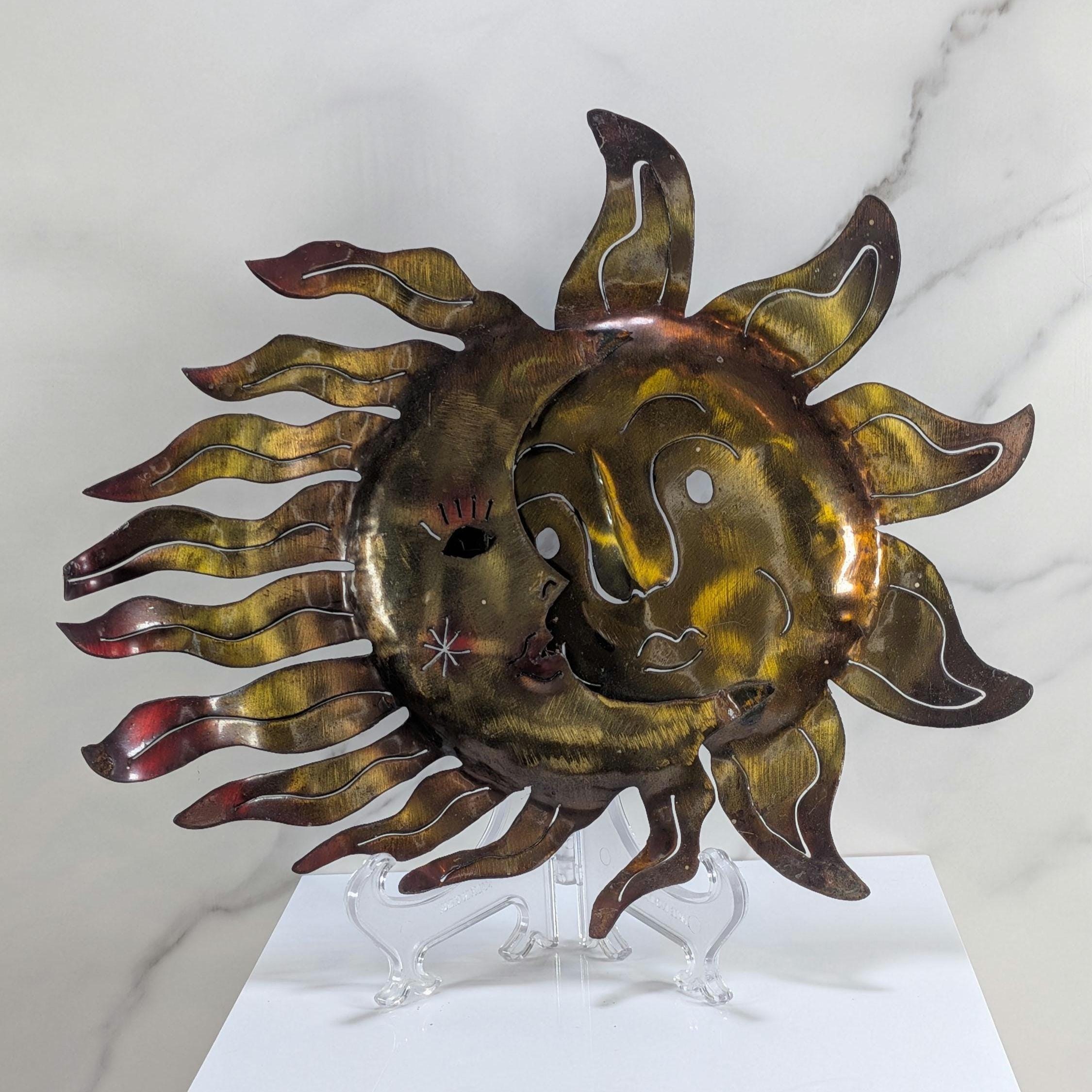 Vintage Celestial Metal Wall Art - Copper Sun and Moon Burst Sculpture -Boho Outdoor Garden Patio Hanging Plaque Large 90s Cosmic Home Decor view 2