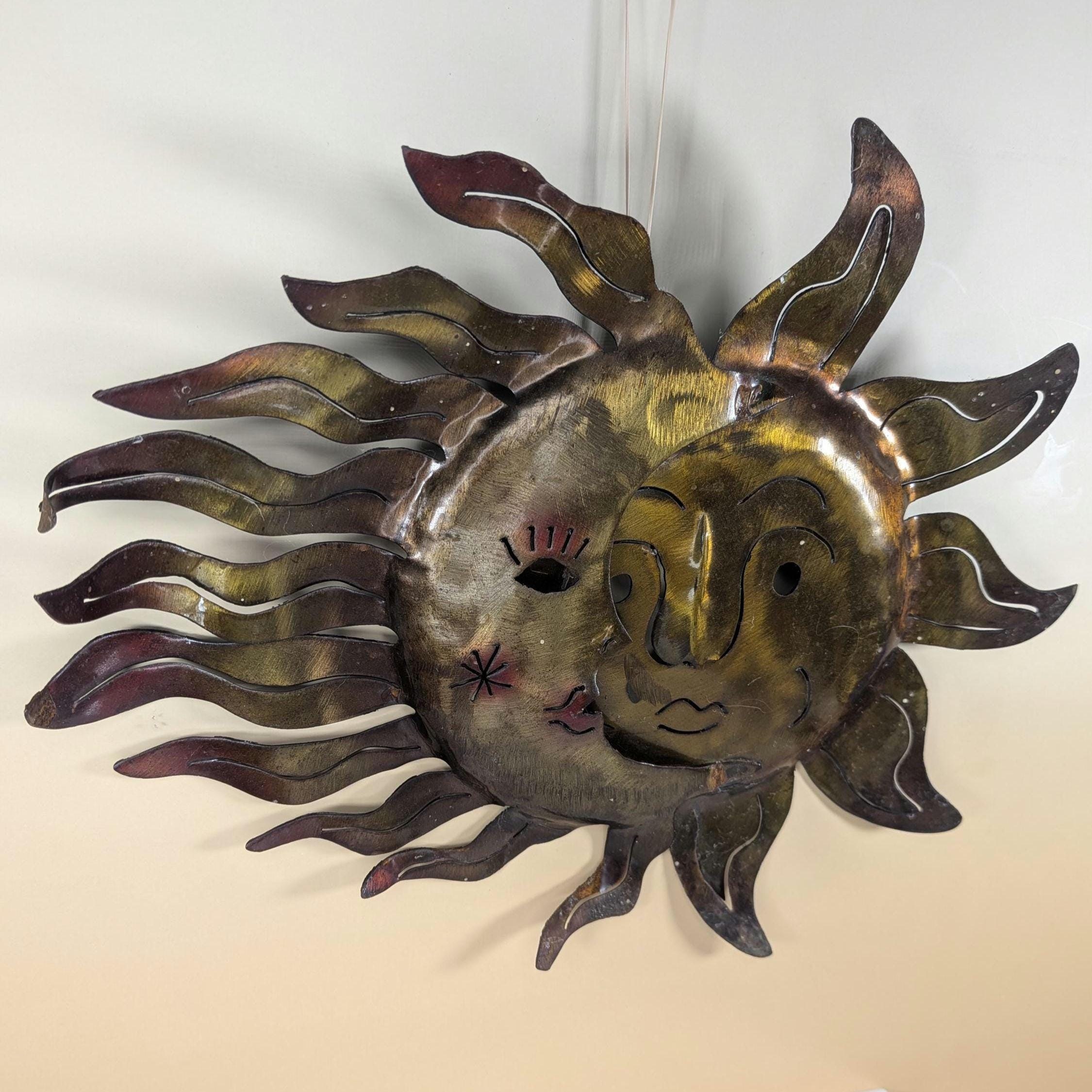 Vintage Celestial Metal Wall Art - Copper Sun and Moon Burst Sculpture -Boho Outdoor Garden Patio Hanging Plaque Large 90s Cosmic Home Decor view 11