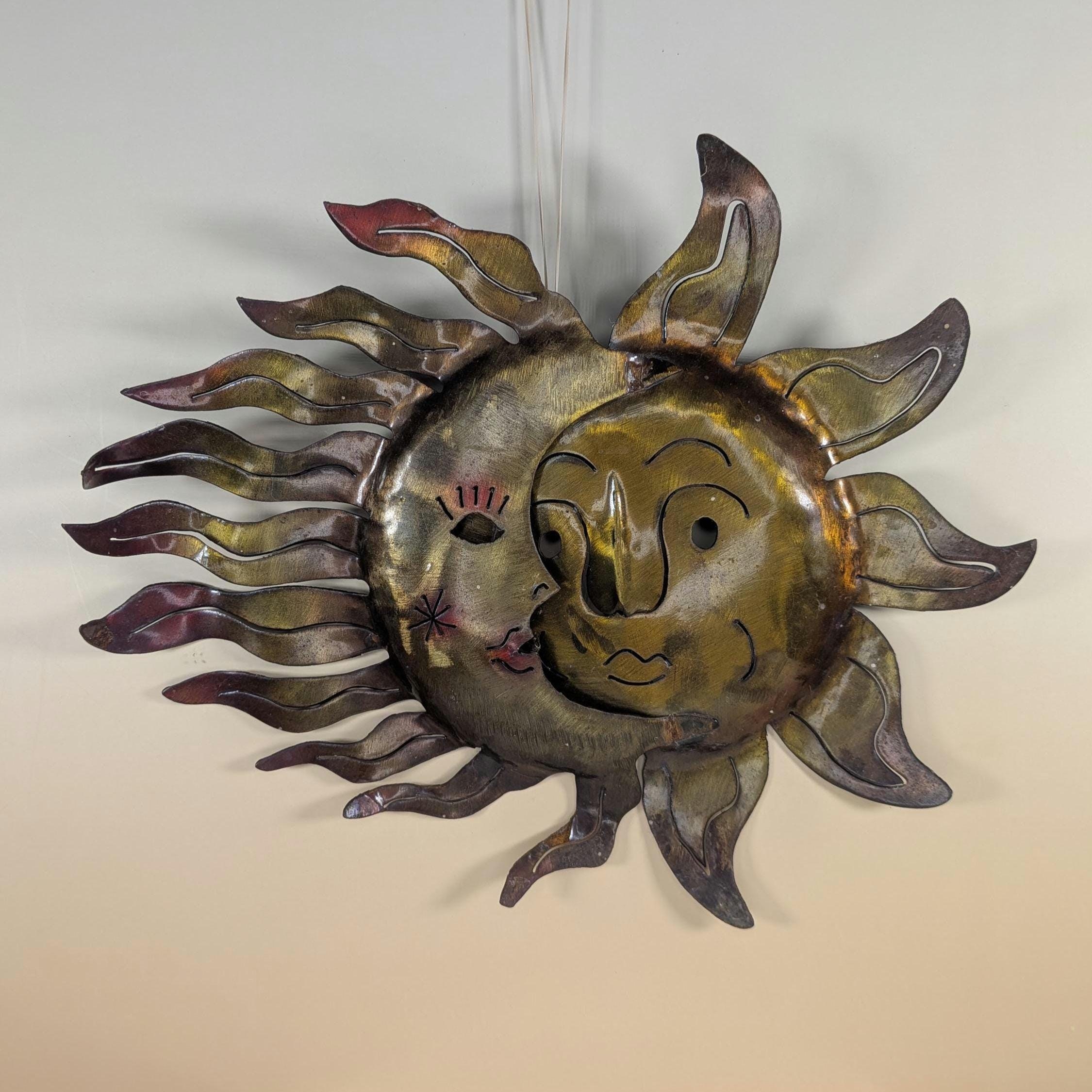 Vintage Celestial Metal Wall Art - Copper Sun and Moon Burst Sculpture -Boho Outdoor Garden Patio Hanging Plaque Large 90s Cosmic Home Decor view 12