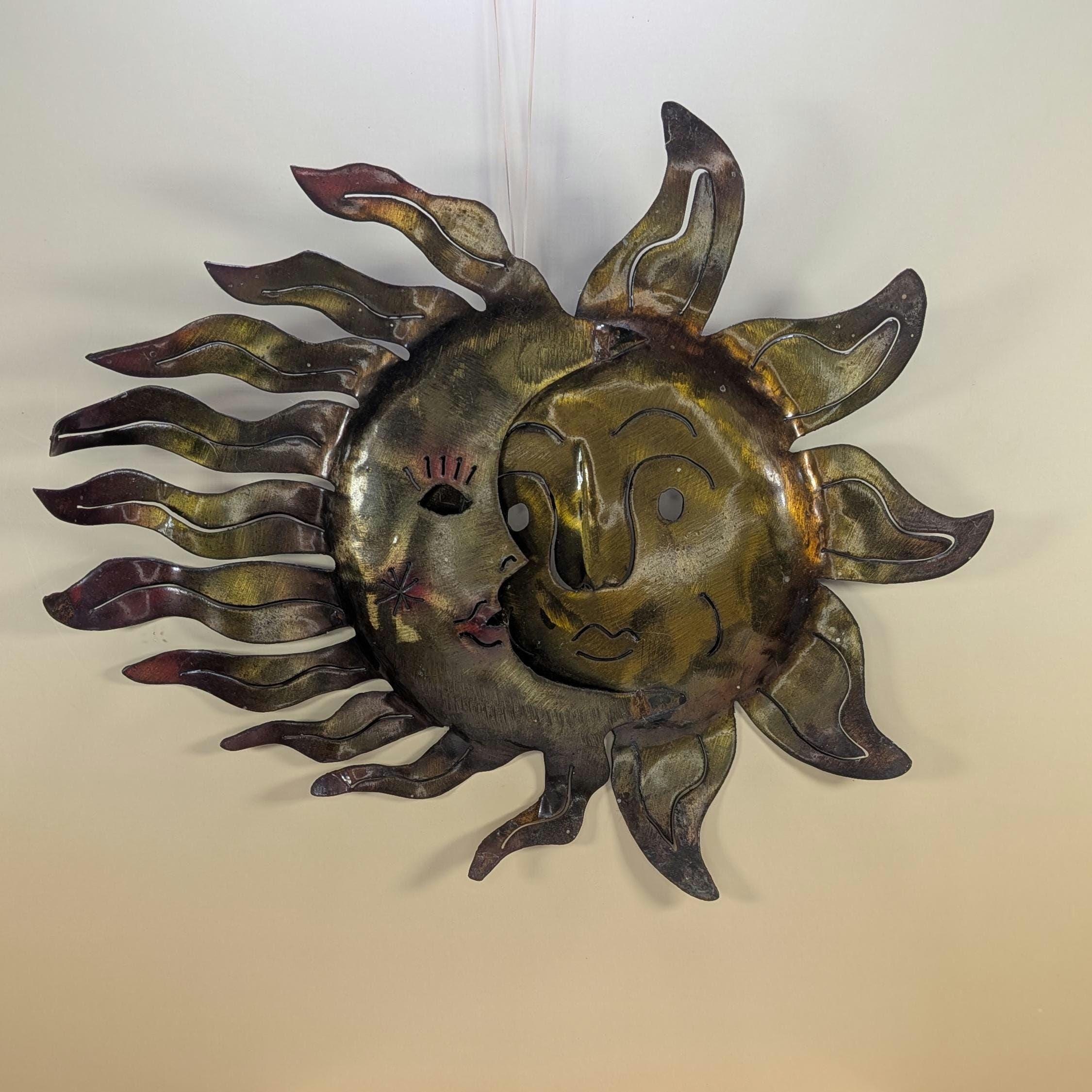 Vintage Celestial Metal Wall Art - Copper Sun and Moon Burst Sculpture -Boho Outdoor Garden Patio Hanging Plaque Large 90s Cosmic Home Decor view 13