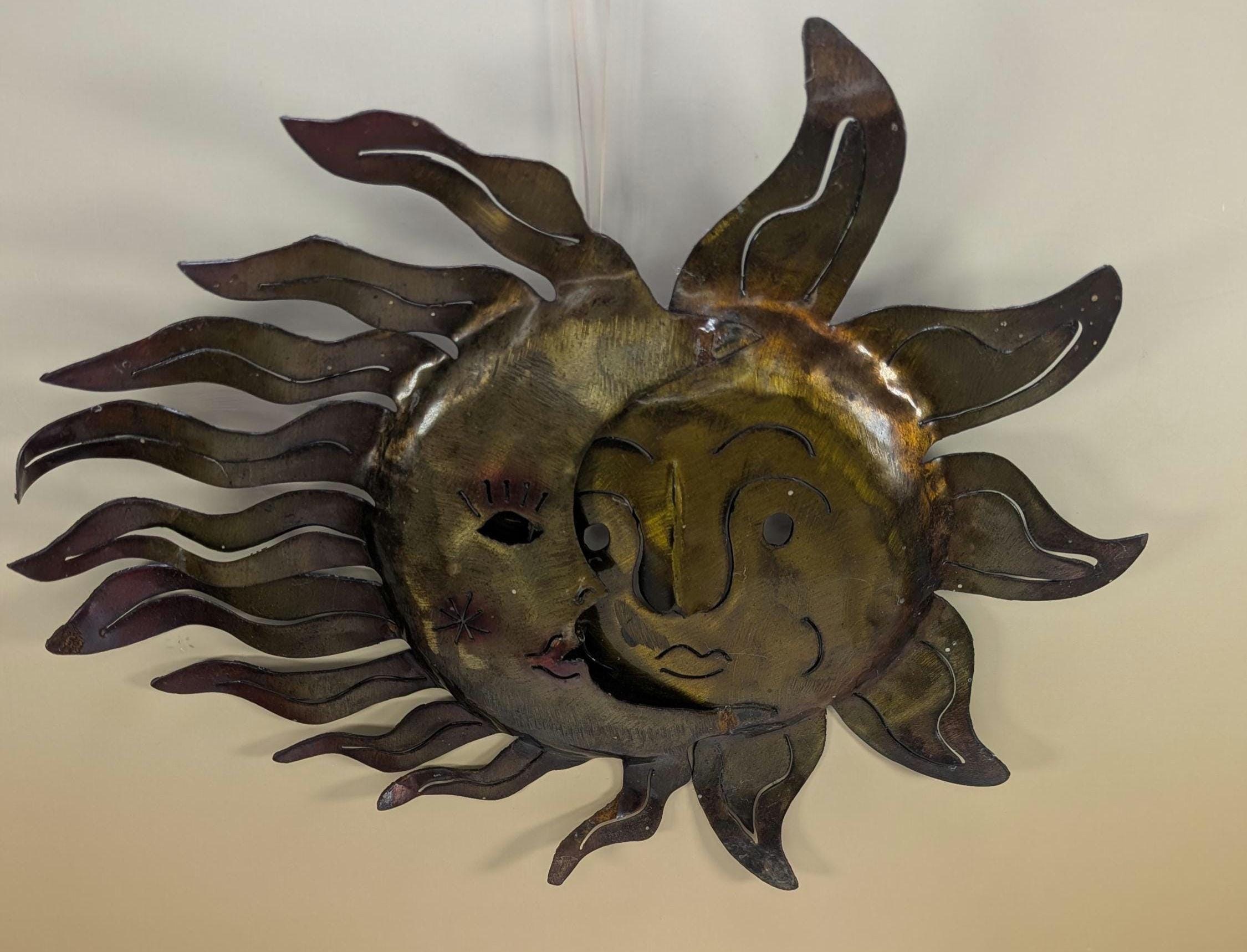 Vintage Celestial Metal Wall Art - Copper Sun and Moon Burst Sculpture -Boho Outdoor Garden Patio Hanging Plaque Large 90s Cosmic Home Decor view 14