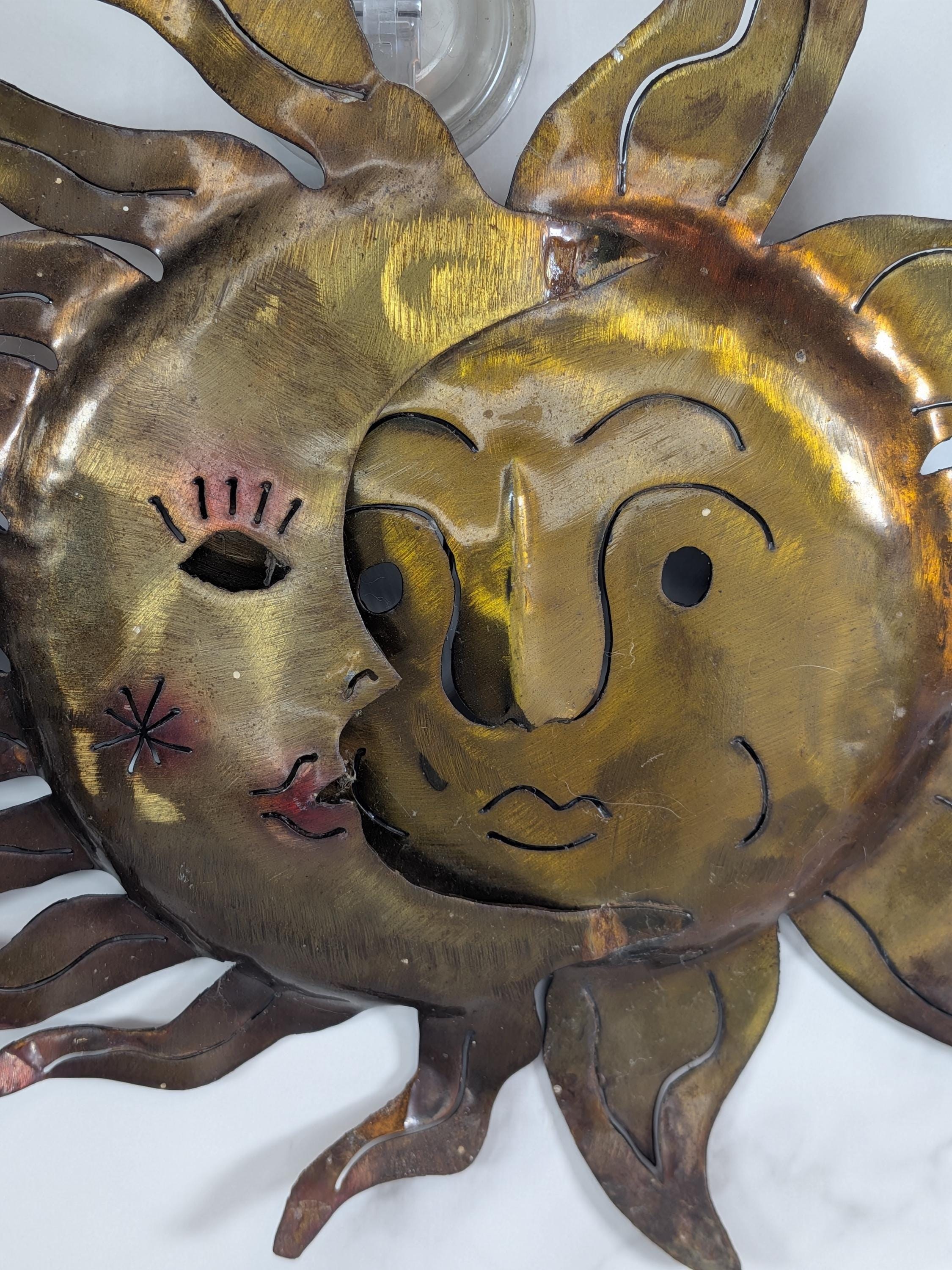 Vintage Celestial Metal Wall Art - Copper Sun and Moon Burst Sculpture -Boho Outdoor Garden Patio Hanging Plaque Large 90s Cosmic Home Decor view 15