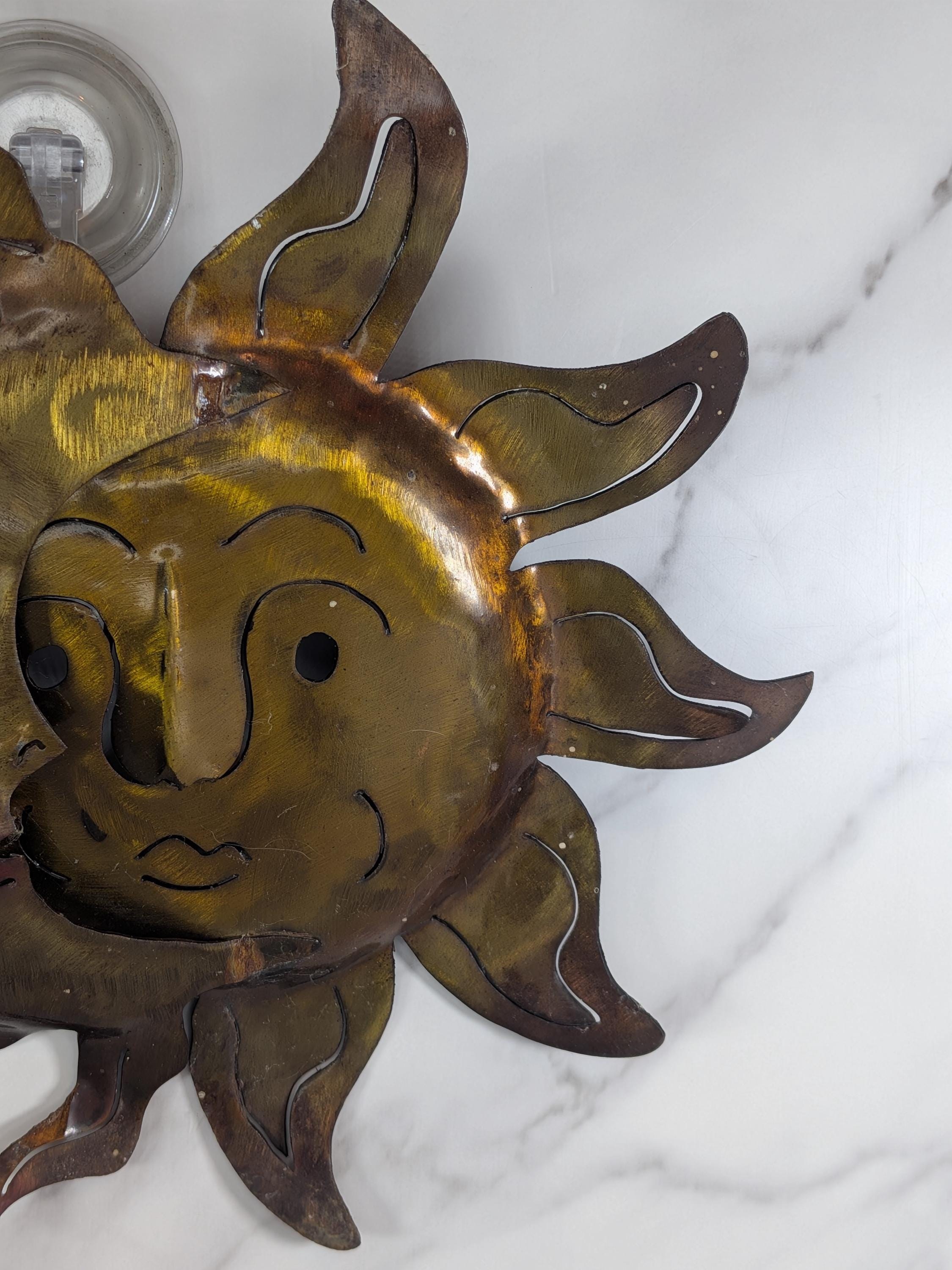 Vintage Celestial Metal Wall Art - Copper Sun and Moon Burst Sculpture -Boho Outdoor Garden Patio Hanging Plaque Large 90s Cosmic Home Decor view 8