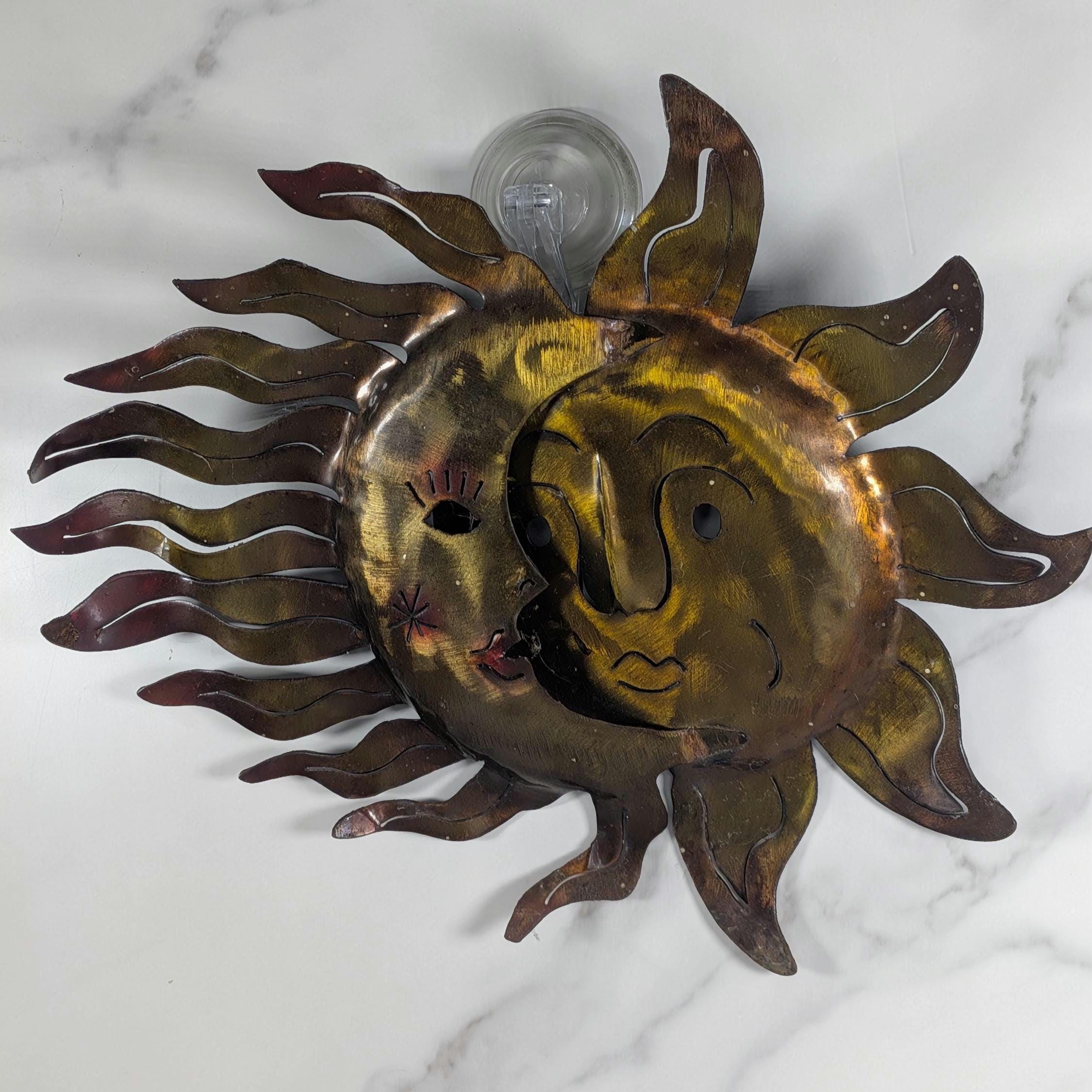 Vintage Celestial Metal Wall Art - Copper Sun and Moon Burst Sculpture -Boho Outdoor Garden Patio Hanging Plaque Large 90s Cosmic Home Decor view 10