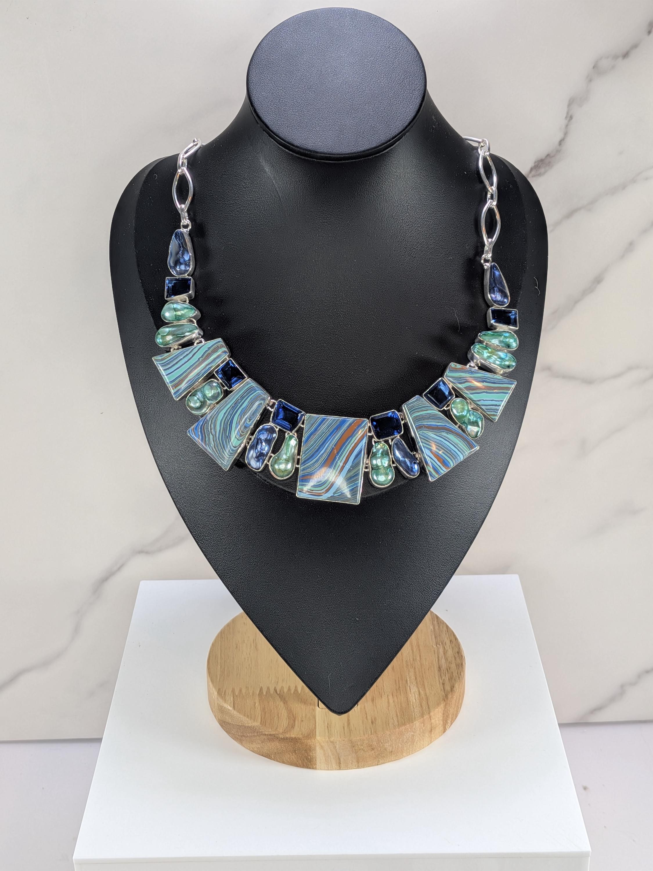 Statement Rainbow Calsilica & Green Pearl Collar Necklace, Sterling Silver Geometric Drop Pendant Chain, Vibrant Artisan Multicolored Stone