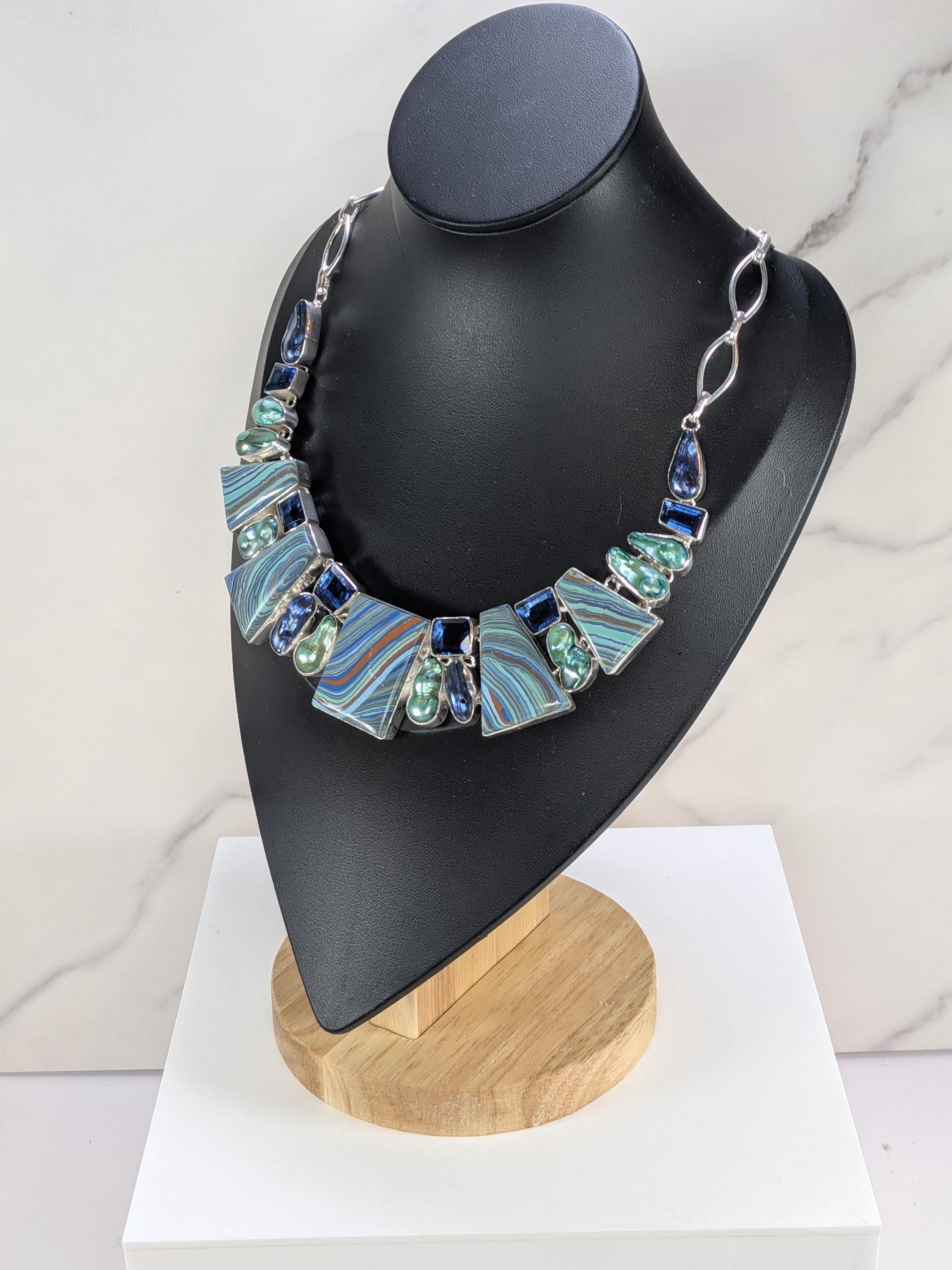Statement Rainbow Calsilica & Green Pearl Collar Necklace, Sterling Silver Geometric Drop Pendant Chain, Vibrant Artisan Multicolored Stone view 2