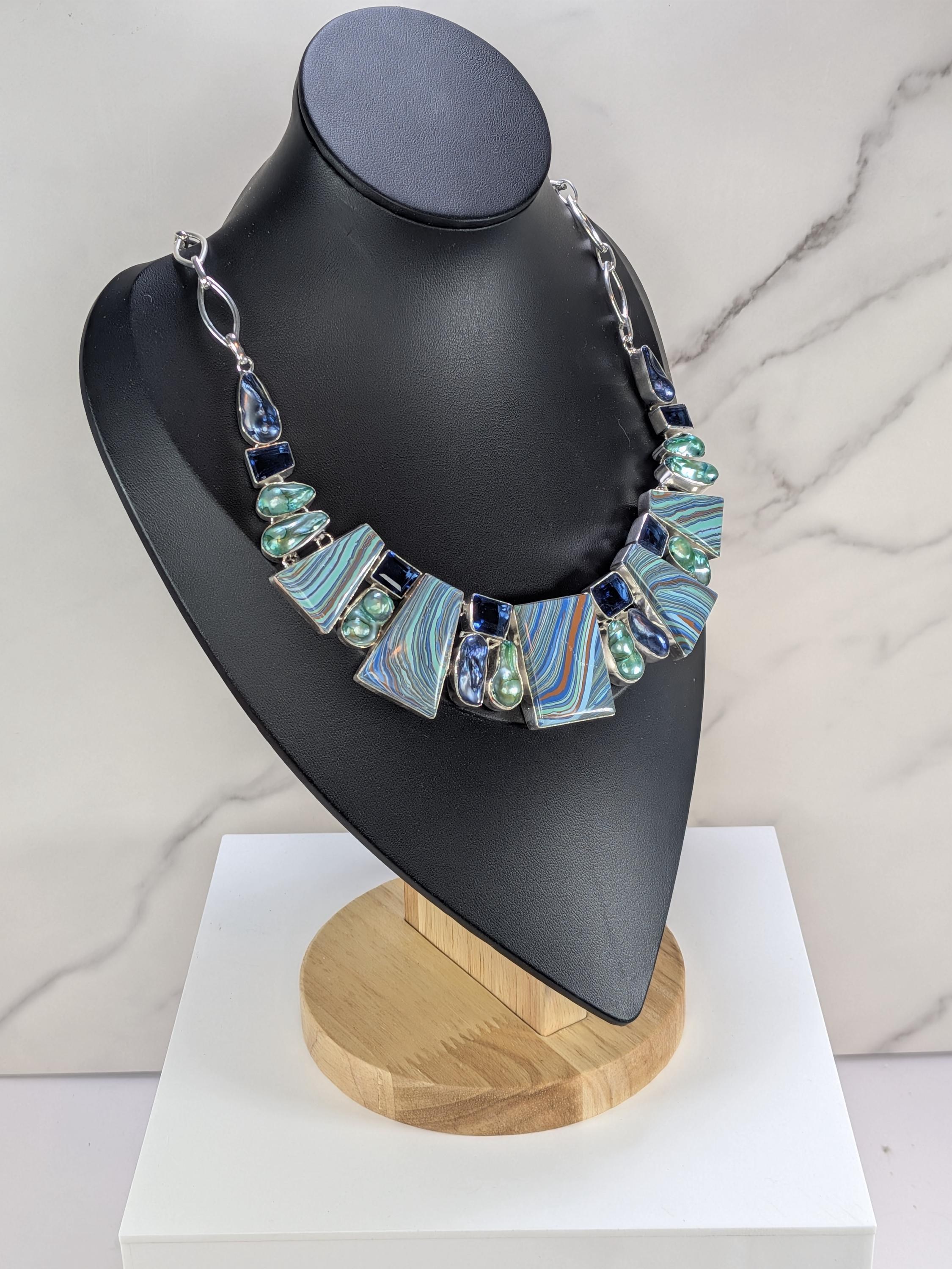 Statement Rainbow Calsilica & Green Pearl Collar Necklace, Sterling Silver Geometric Drop Pendant Chain, Vibrant Artisan Multicolored Stone view 3