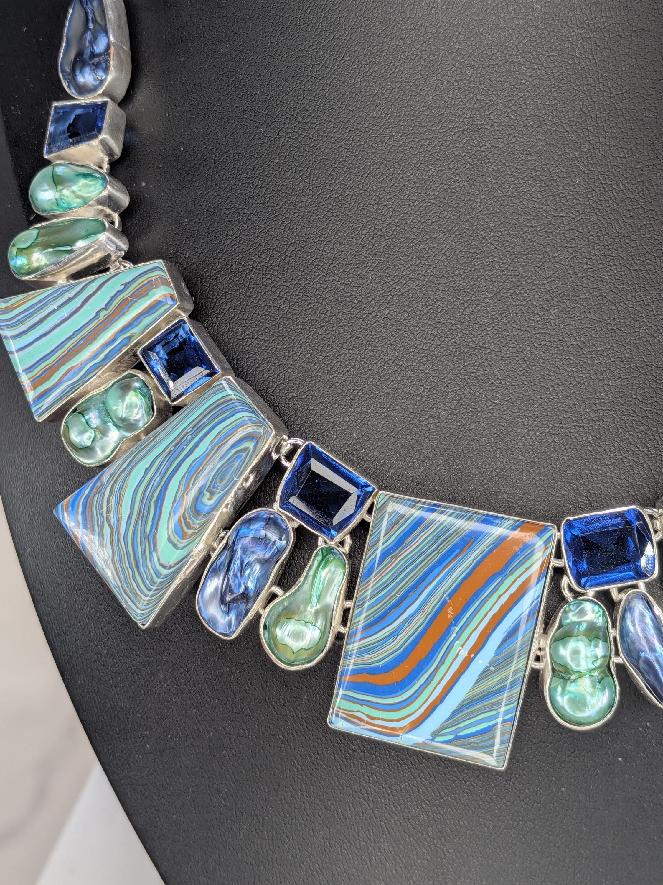 Statement Rainbow Calsilica & Green Pearl Collar Necklace, Sterling Silver Geometric Drop Pendant Chain, Vibrant Artisan Multicolored Stone view 5