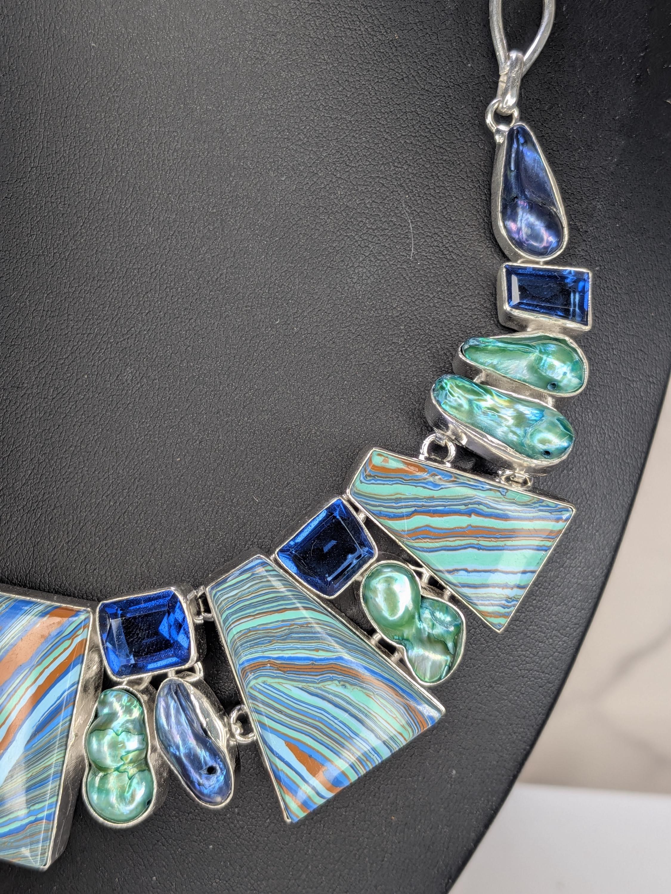 Statement Rainbow Calsilica & Green Pearl Collar Necklace, Sterling Silver Geometric Drop Pendant Chain, Vibrant Artisan Multicolored Stone view 6