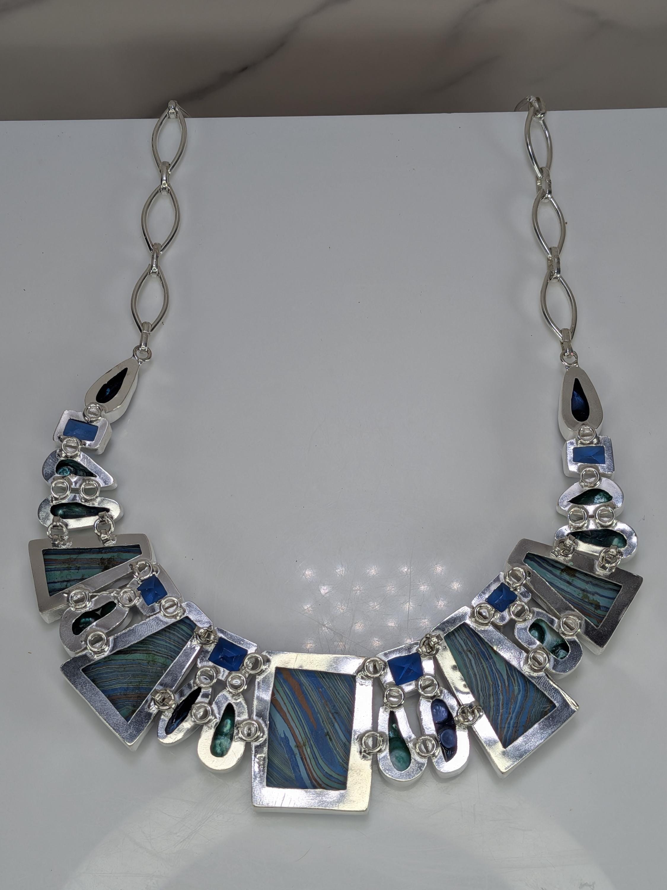 Statement Rainbow Calsilica & Green Pearl Collar Necklace, Sterling Silver Geometric Drop Pendant Chain, Vibrant Artisan Multicolored Stone view 7