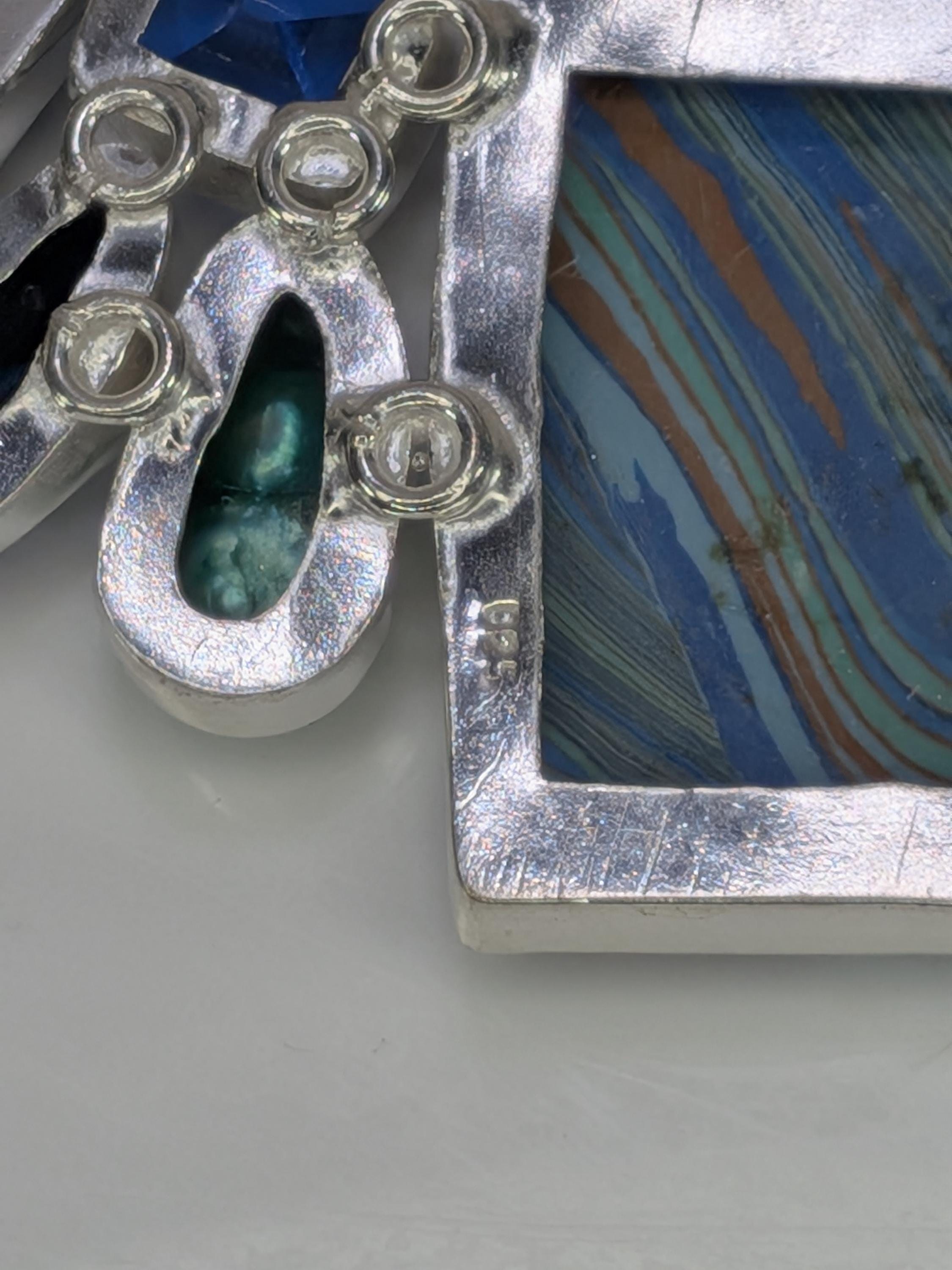 Statement Rainbow Calsilica & Green Pearl Collar Necklace, Sterling Silver Geometric Drop Pendant Chain, Vibrant Artisan Multicolored Stone view 8