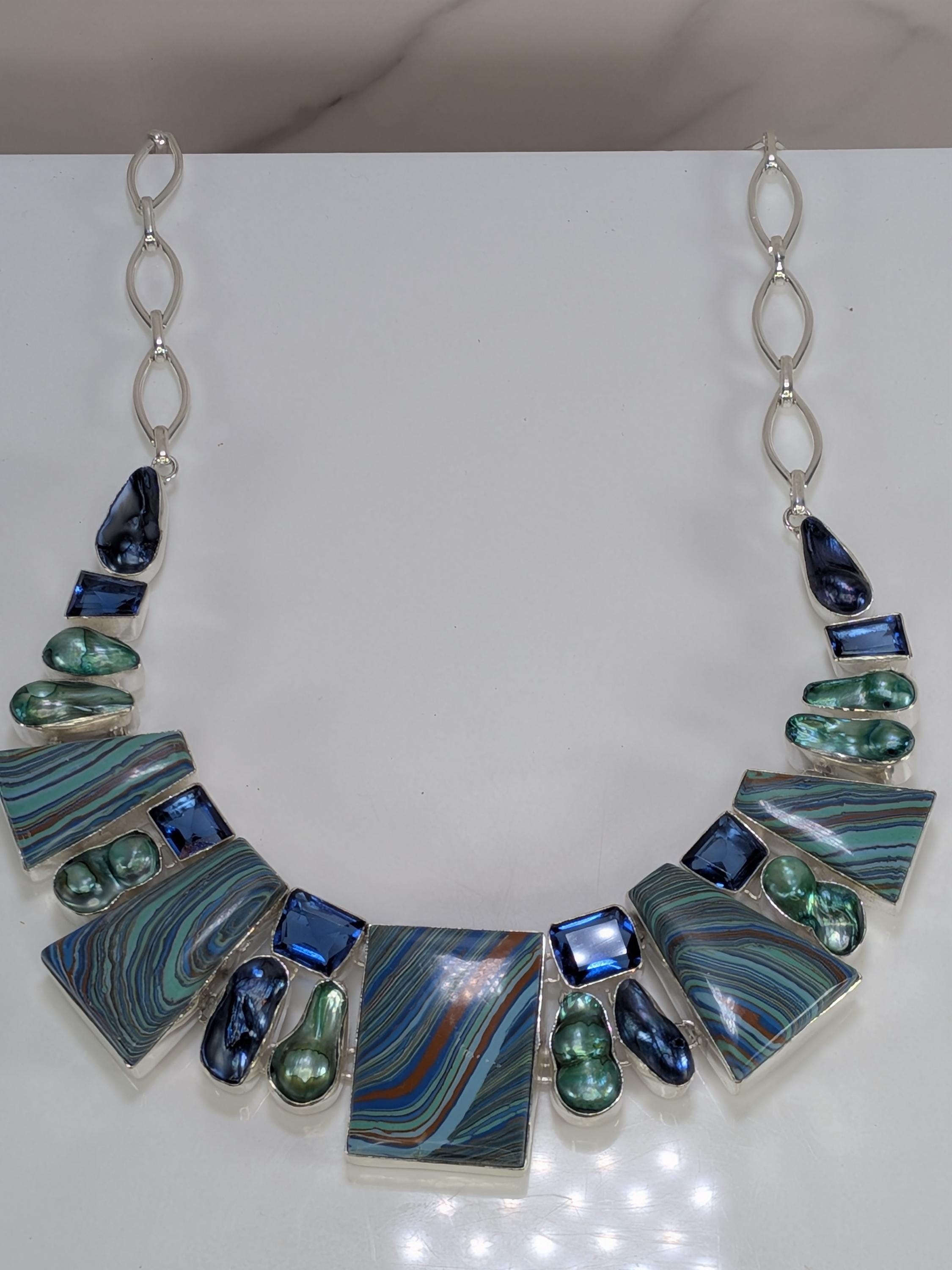 Statement Rainbow Calsilica & Green Pearl Collar Necklace, Sterling Silver Geometric Drop Pendant Chain, Vibrant Artisan Multicolored Stone view 9