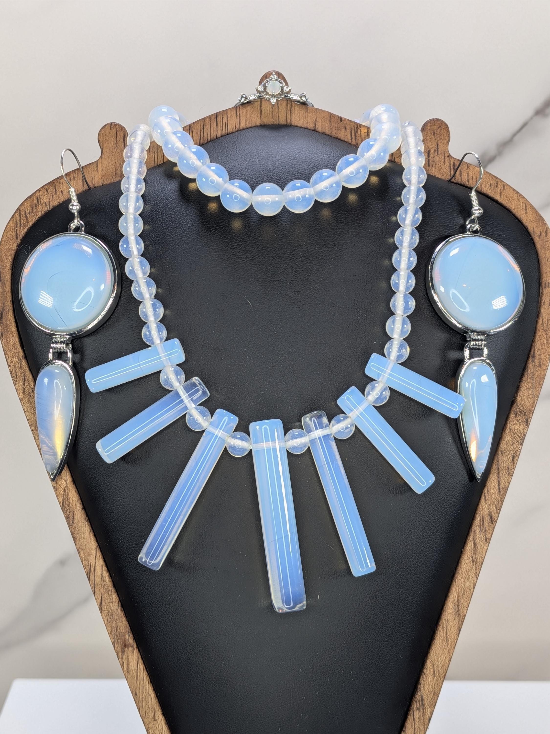 Luminous Opalite Statement Jewelry Set, 4pc Cleopatra Fan Collar Necklace, Stretchy Bracelet, Silver Dangle Earrings, Ring