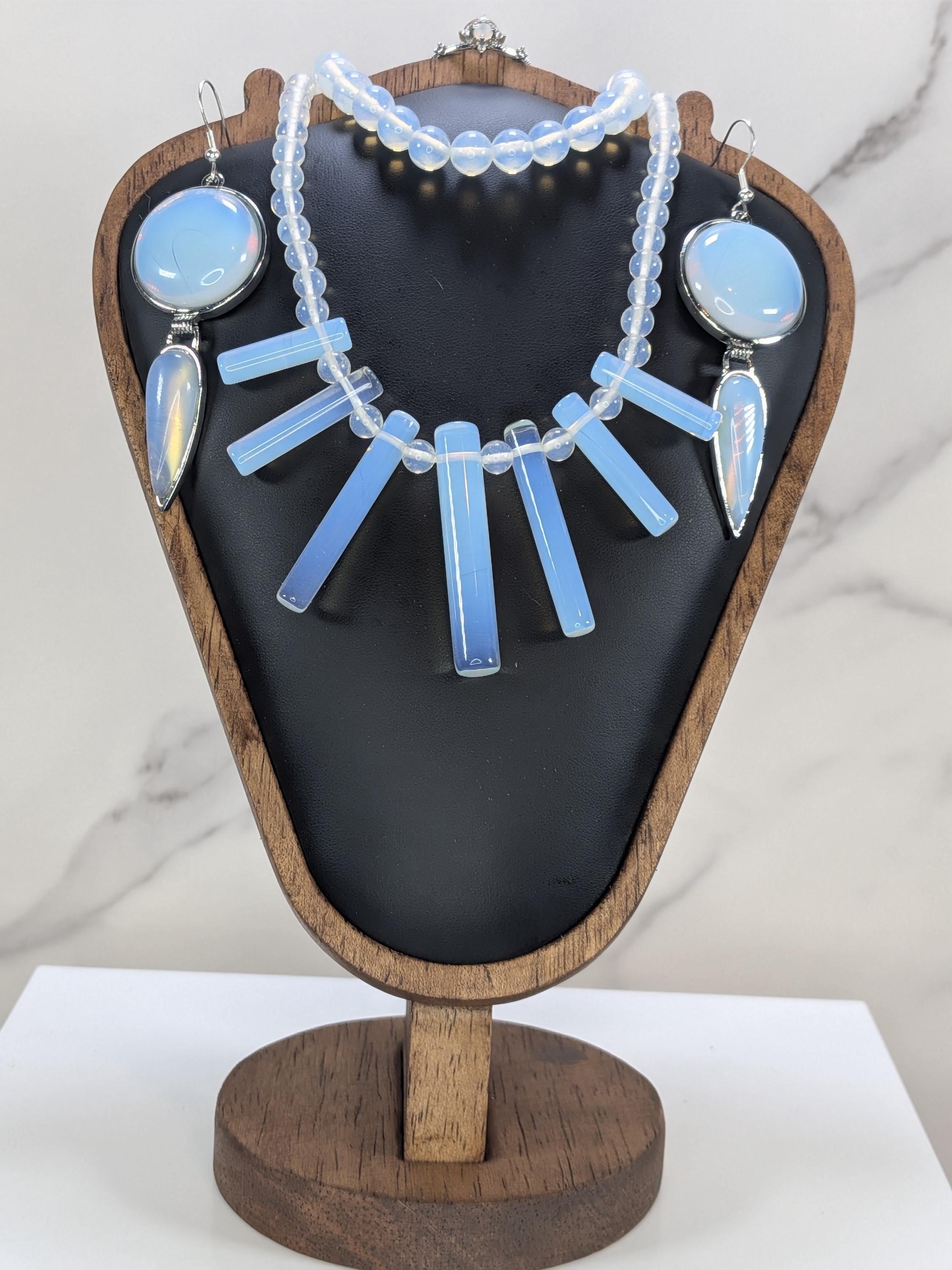 Luminous Opalite Statement Jewelry Set, 4pc Cleopatra Fan Collar Necklace, Stretchy Bracelet, Silver Dangle Earrings, Ring view 2