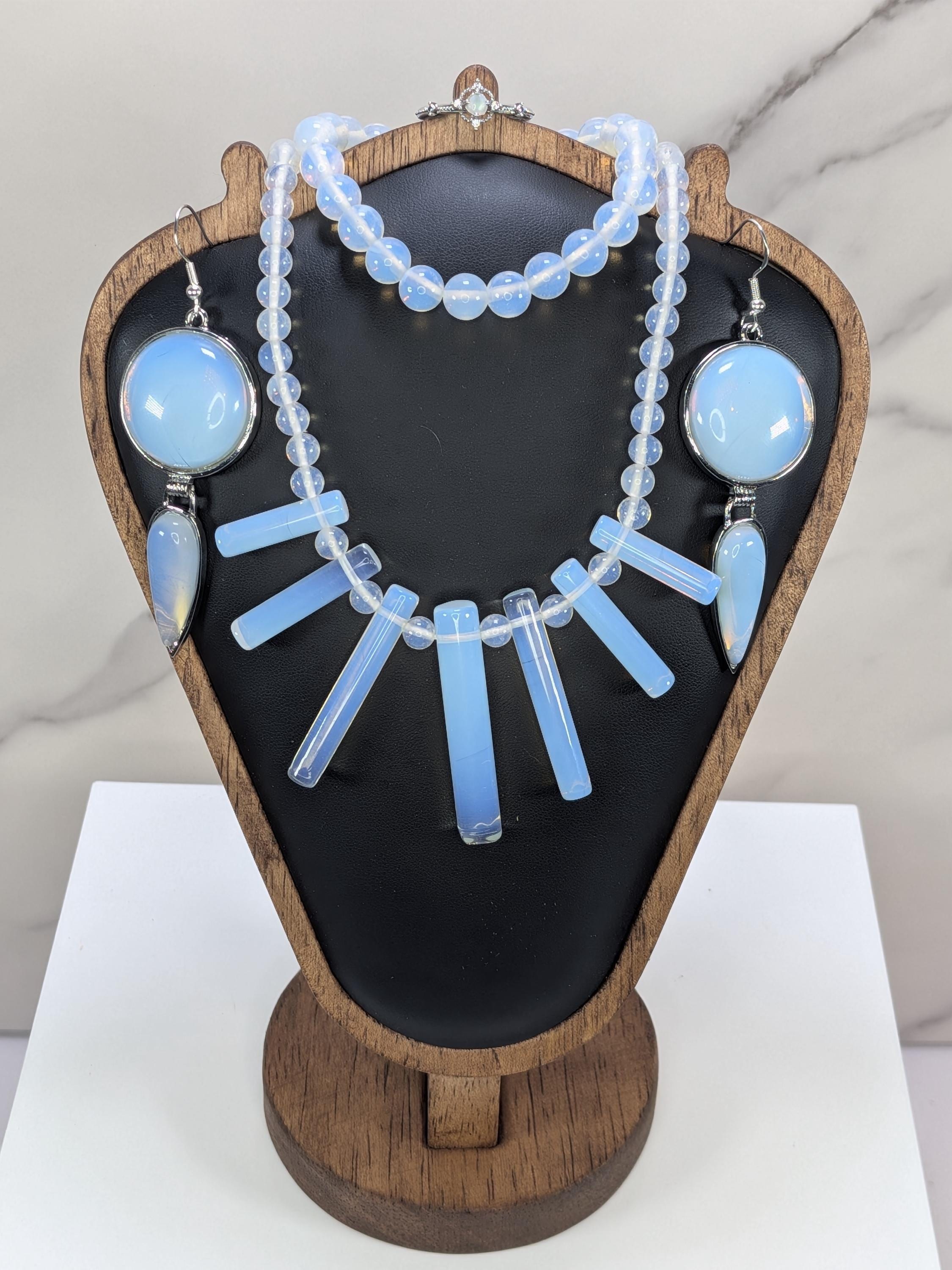 Luminous Opalite Statement Jewelry Set, 4pc Cleopatra Fan Collar Necklace, Stretchy Bracelet, Silver Dangle Earrings, Ring view 3