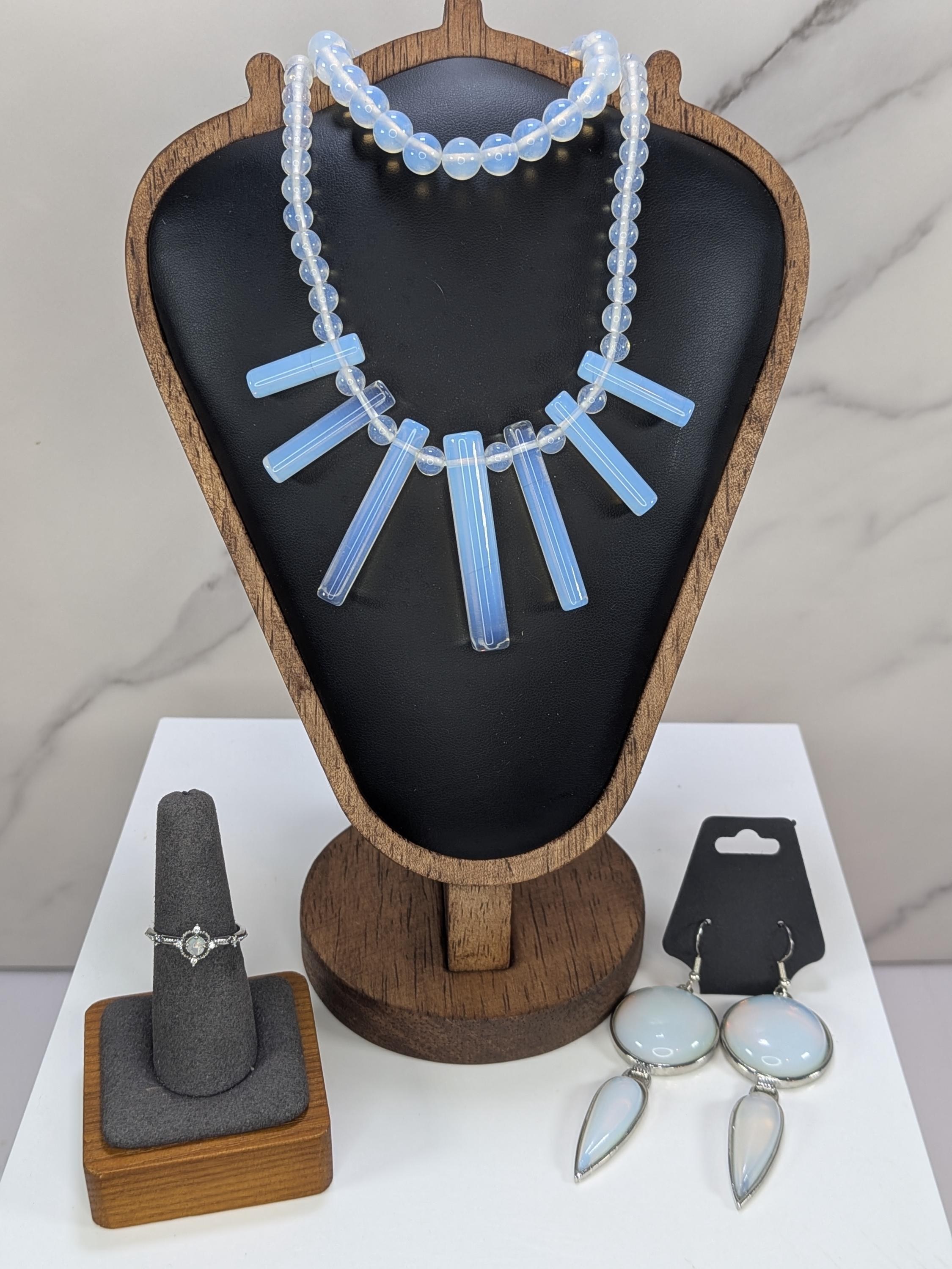 Luminous Opalite Statement Jewelry Set, 4pc Cleopatra Fan Collar Necklace, Stretchy Bracelet, Silver Dangle Earrings, Ring view 4