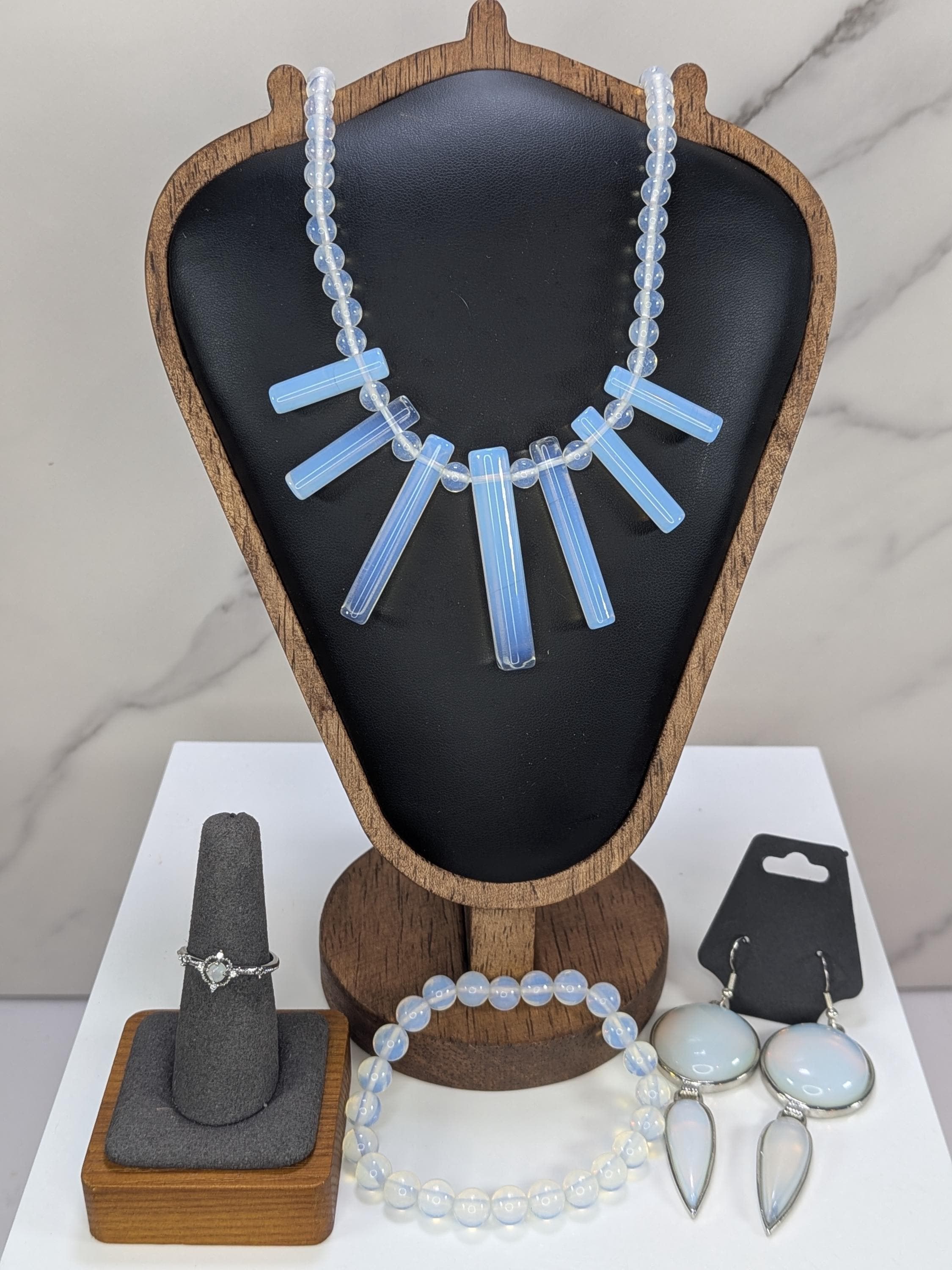 Luminous Opalite Statement Jewelry Set, 4pc Cleopatra Fan Collar Necklace, Stretchy Bracelet, Silver Dangle Earrings, Ring view 5