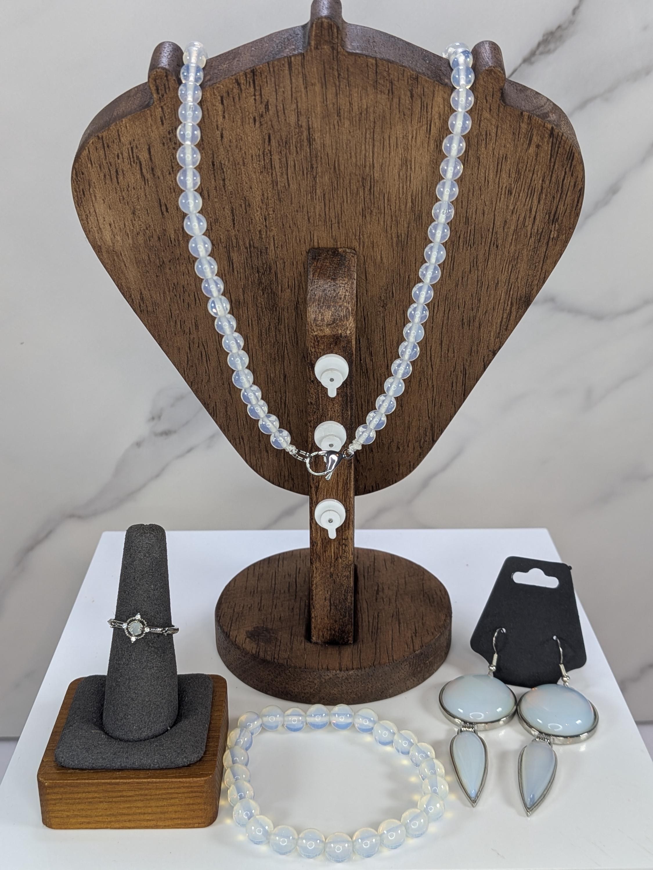 Luminous Opalite Statement Jewelry Set, 4pc Cleopatra Fan Collar Necklace, Stretchy Bracelet, Silver Dangle Earrings, Ring view 6