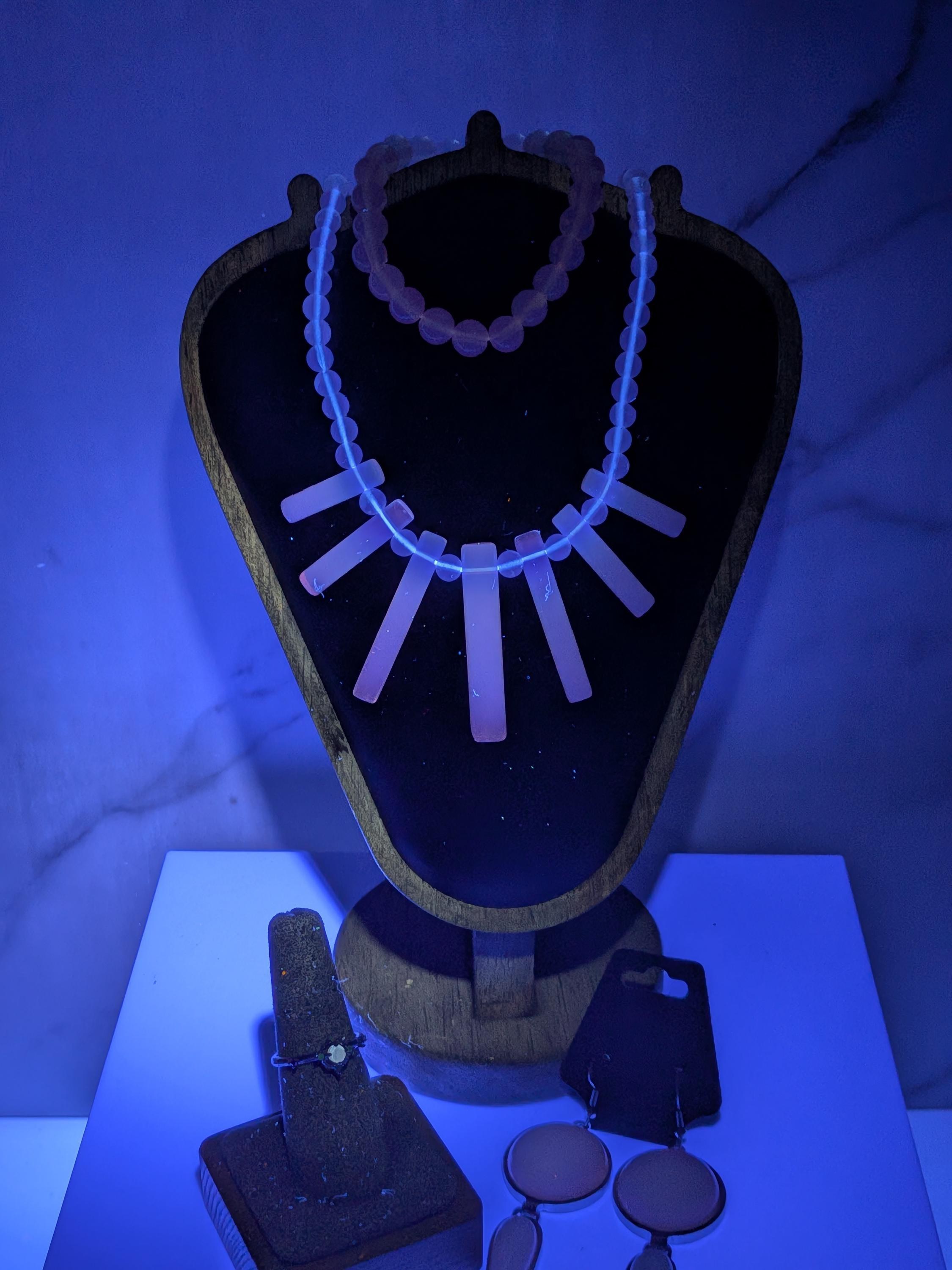 Luminous Opalite Statement Jewelry Set, 4pc Cleopatra Fan Collar Necklace, Stretchy Bracelet, Silver Dangle Earrings, Ring view 9