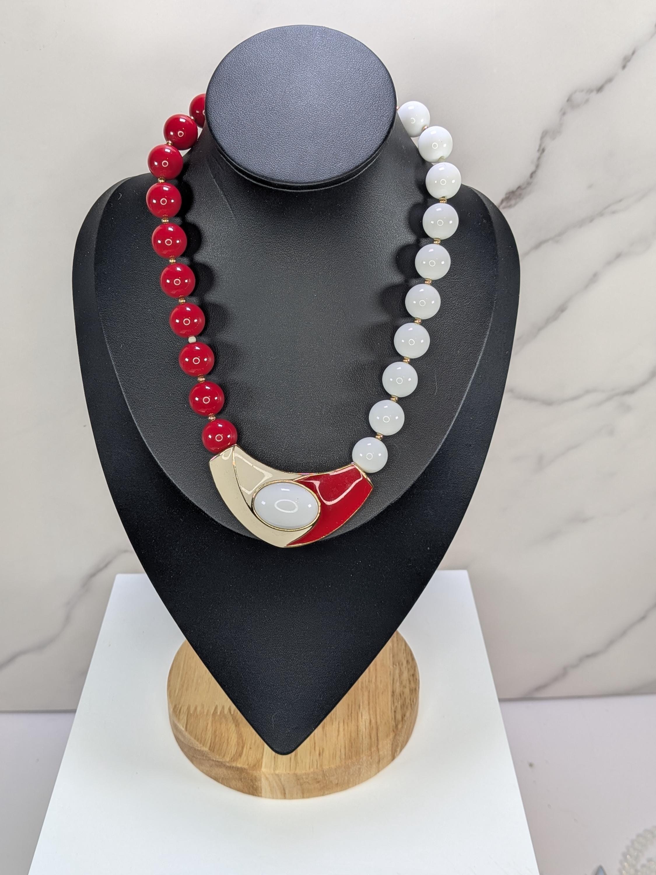 Vintage Trifari Red and White Enamel Statement Necklace, Modernist Geometric Color Block Pendant, Signed Trifari Collector Jewelry