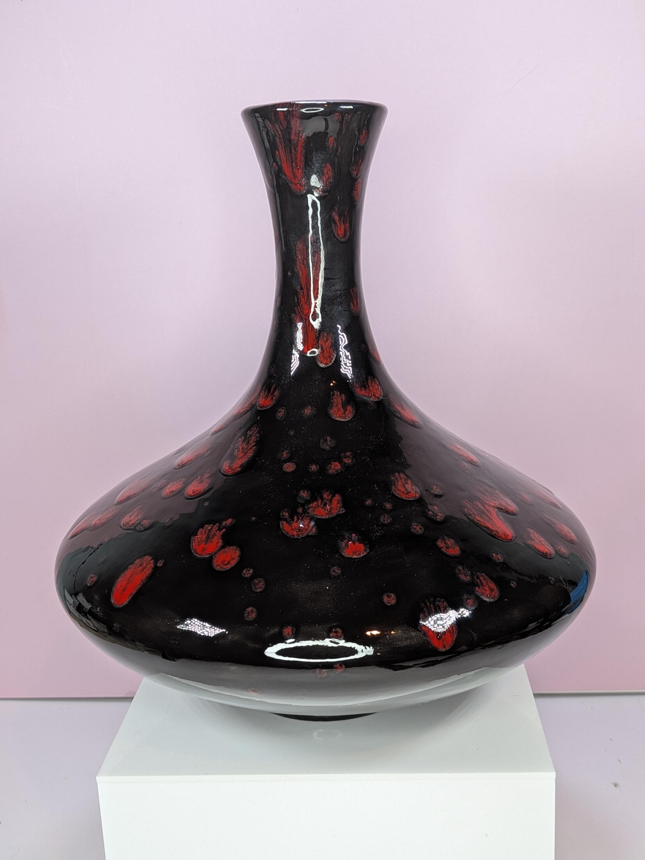 Vintage Hand Blown Black Amethyst Art Glass Teardrop Vase - Vibrant Red Confetti Splatter - Mid Century Modern Statement Decor
