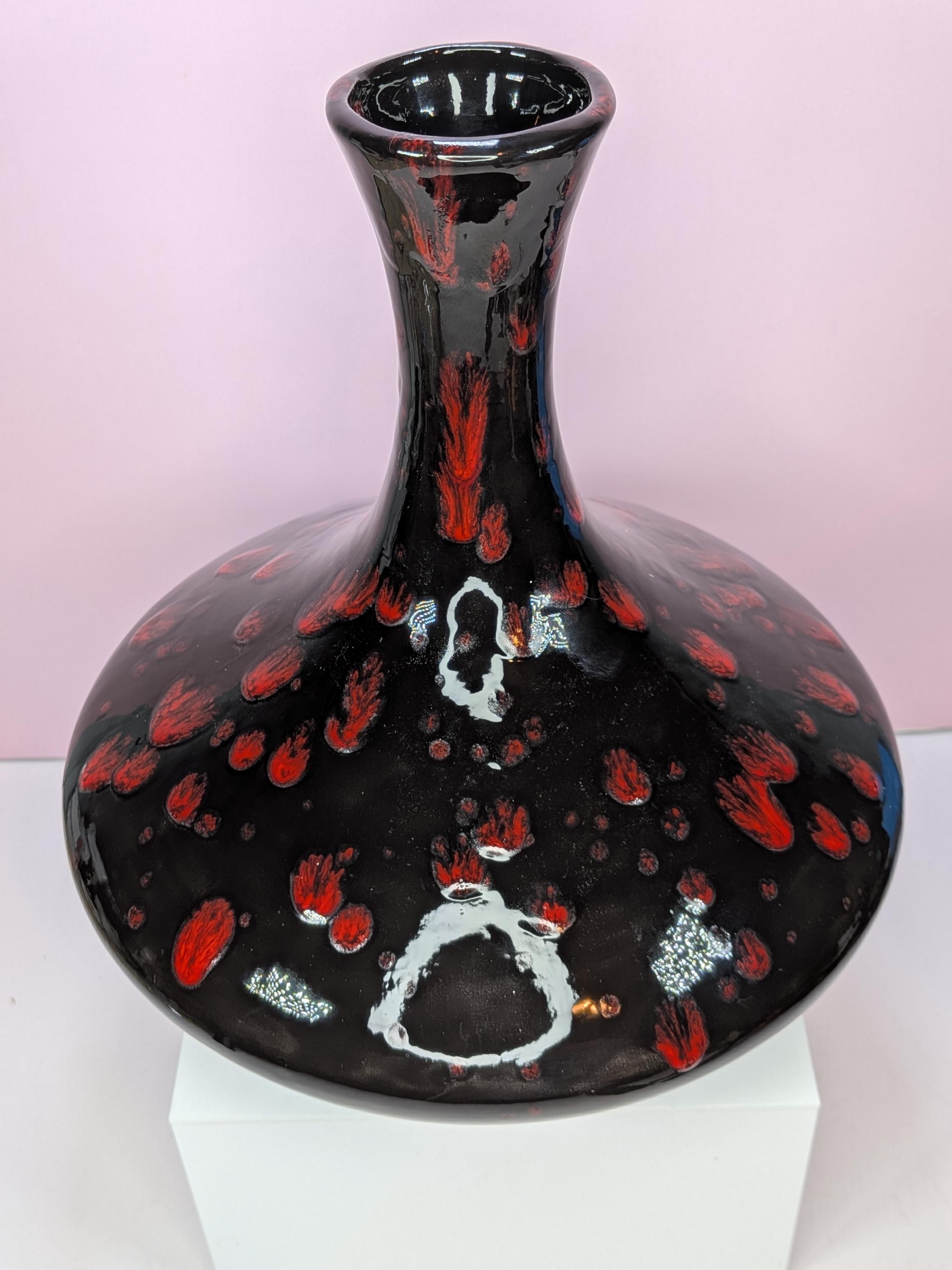 Vintage Hand Blown Black Amethyst Art Glass Teardrop Vase - Vibrant Red Confetti Splatter - Mid Century Modern Statement Decor view 2