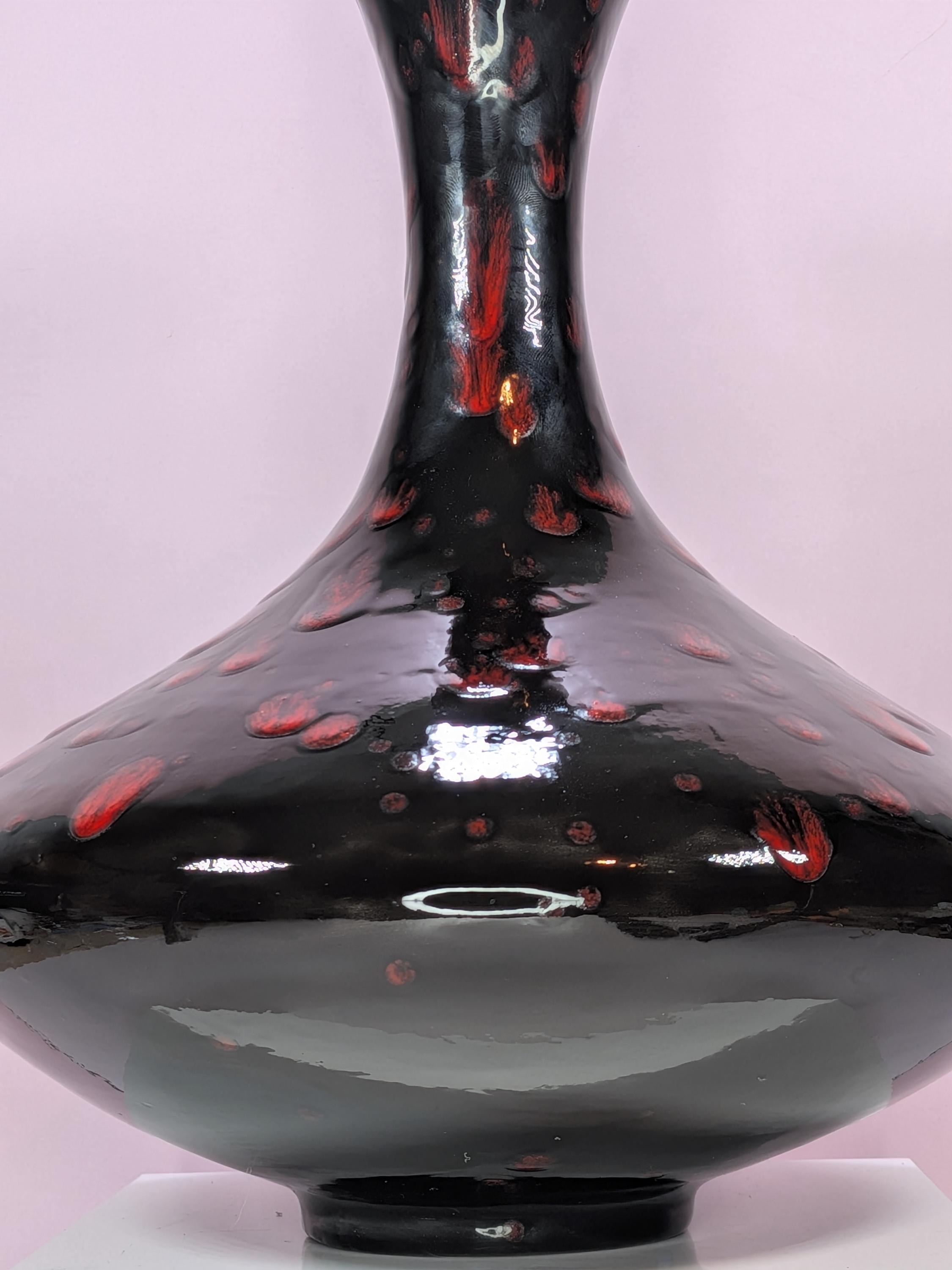 Vintage Hand Blown Black Amethyst Art Glass Teardrop Vase - Vibrant Red Confetti Splatter - Mid Century Modern Statement Decor view 3