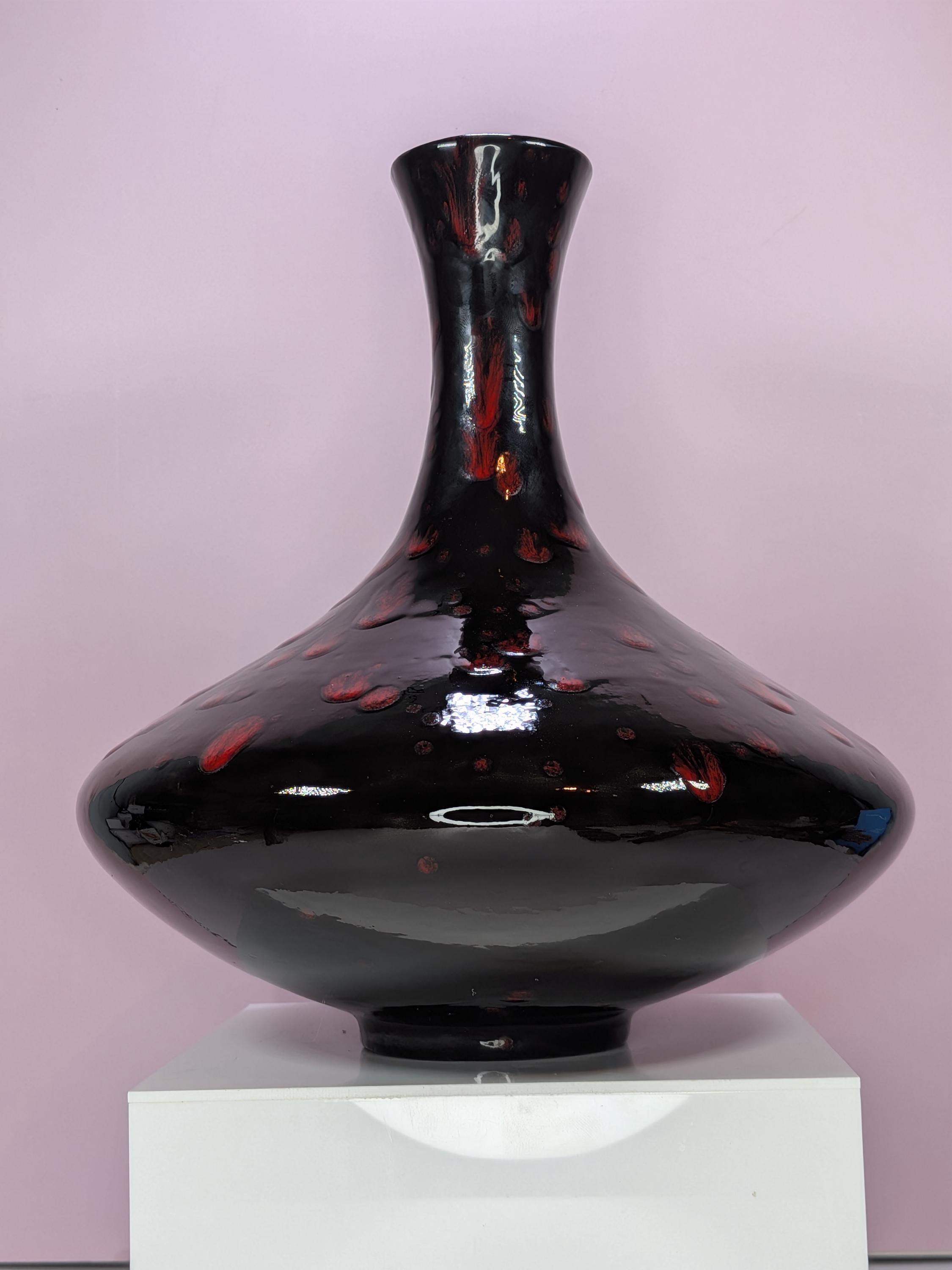 Vintage Hand Blown Black Amethyst Art Glass Teardrop Vase - Vibrant Red Confetti Splatter - Mid Century Modern Statement Decor view 4