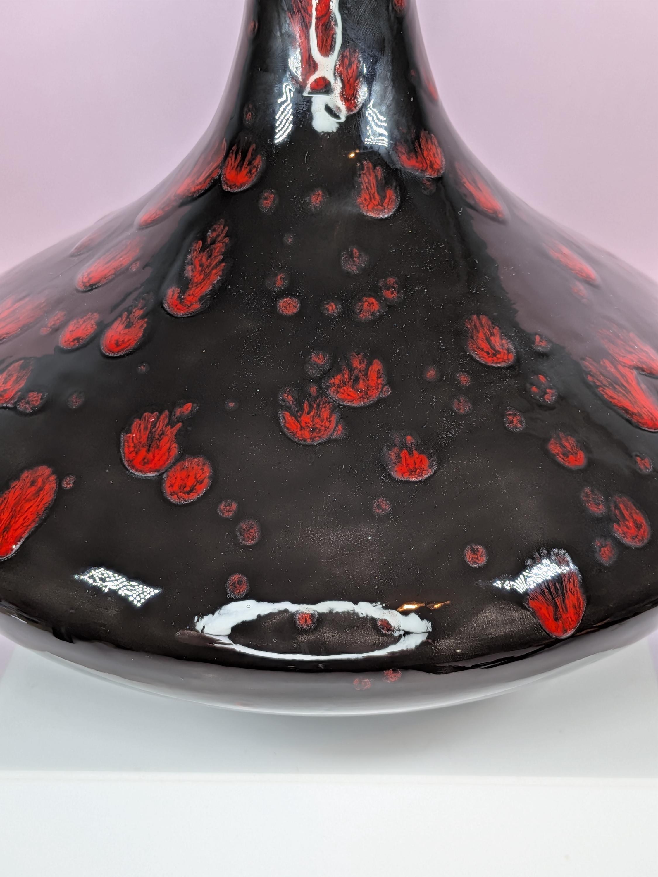 Vintage Hand Blown Black Amethyst Art Glass Teardrop Vase - Vibrant Red Confetti Splatter - Mid Century Modern Statement Decor view 5