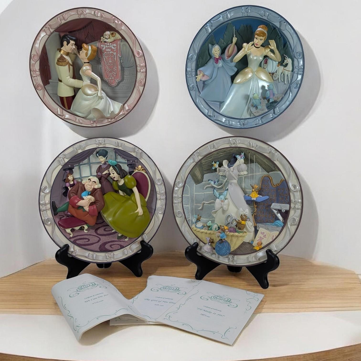 Complete Set of 4 Rare Vintage 90s Disney Store Cinderella 3D Sculptural Plates - Limited Edition - Like New - Original Boxes & COAs