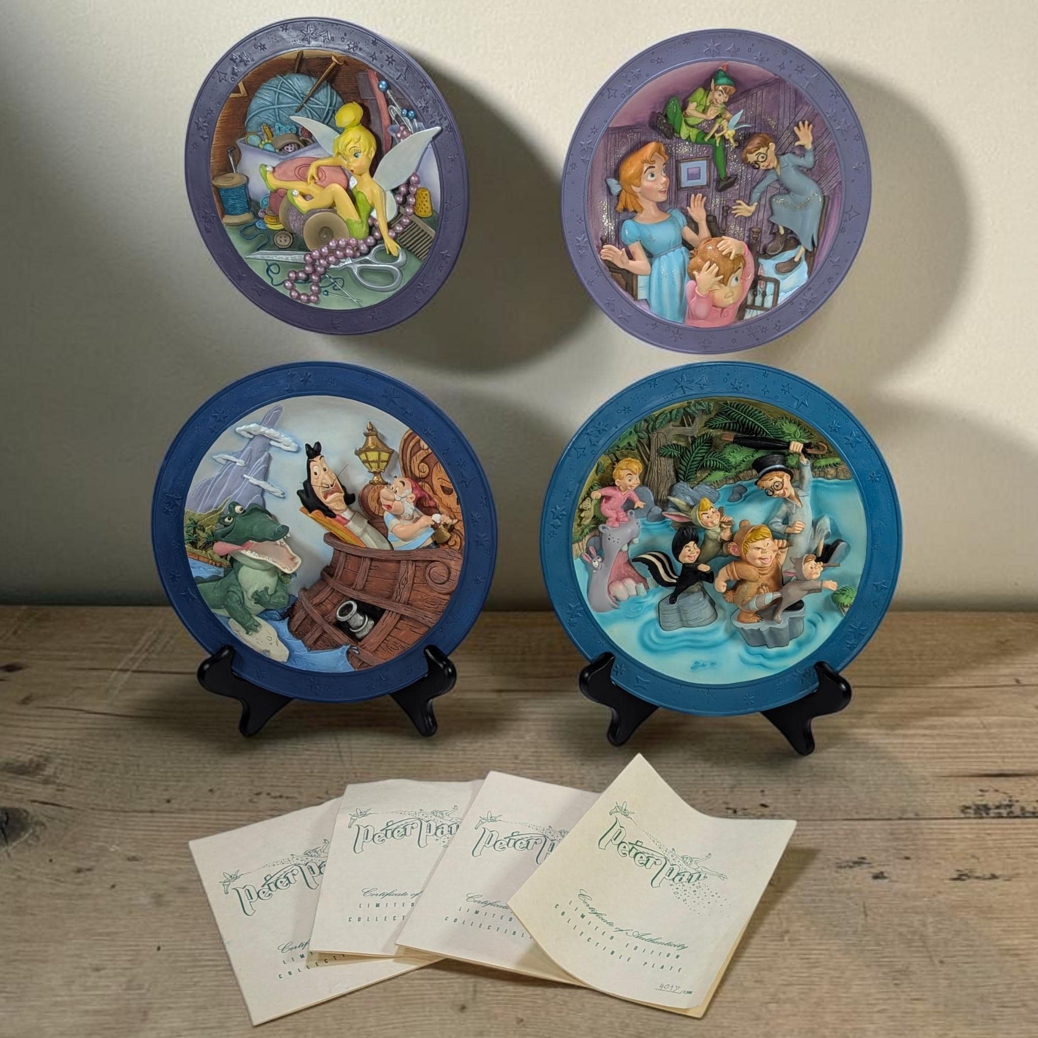 Complete Set of 4 Rare Vintage Disney Store Peter Pan 3D Sculptural Plates Limited Edition - Like New with Original Boxes & COA