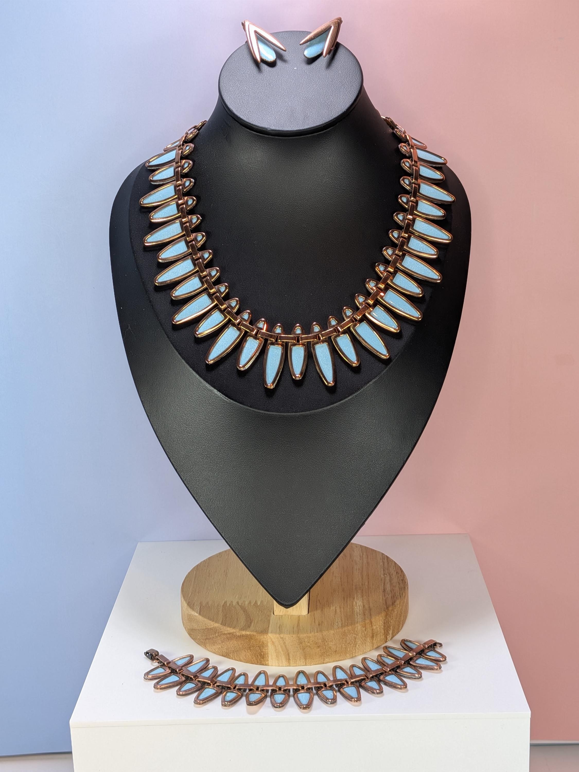 Vintage Matisse Renoir Turquoise Enamel Copper Nefertiti Jewelry - RARE Complete Set