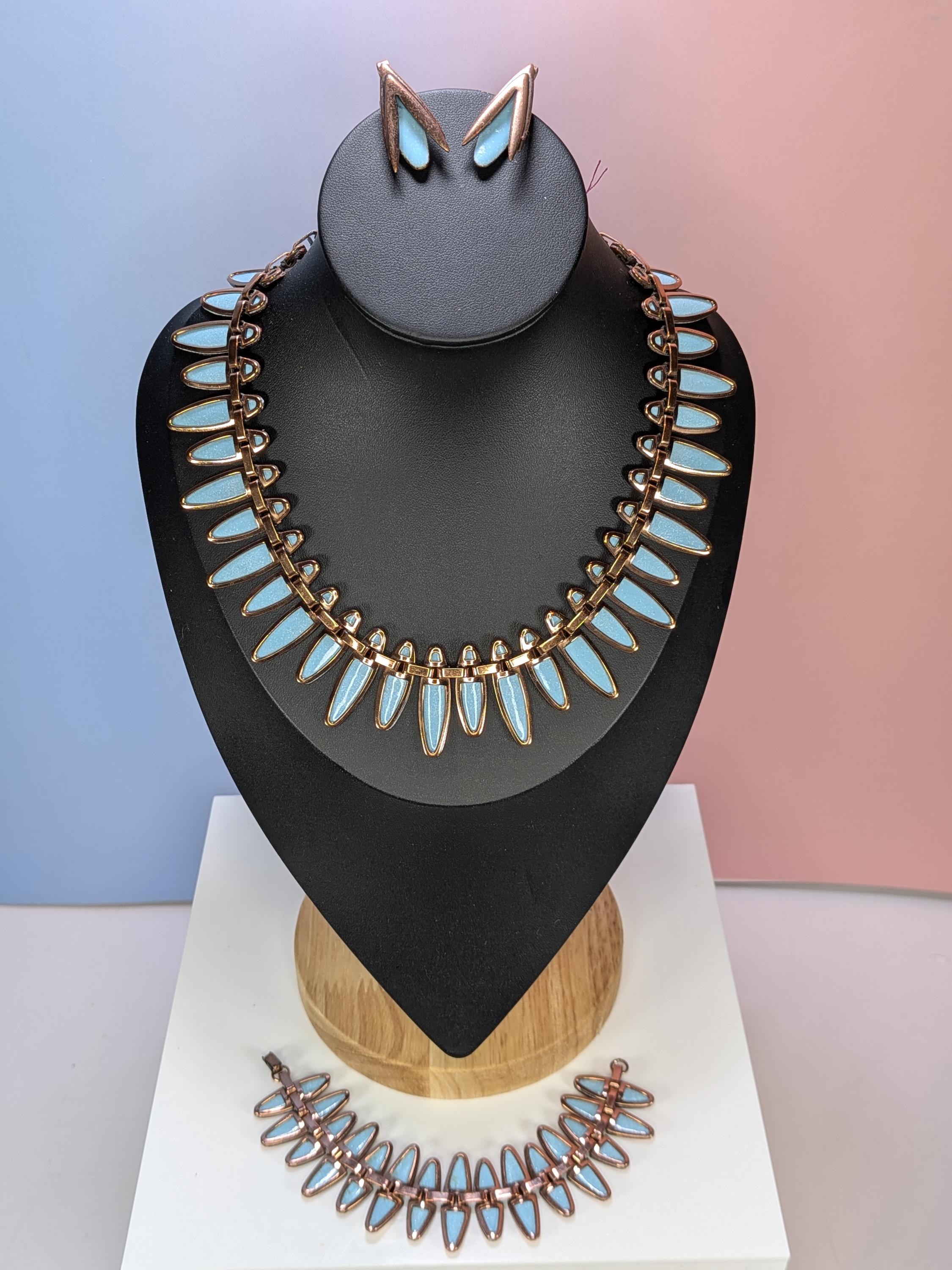 Vintage Matisse Renoir Turquoise Enamel Copper Nefertiti Jewelry - RARE Complete Set view 2