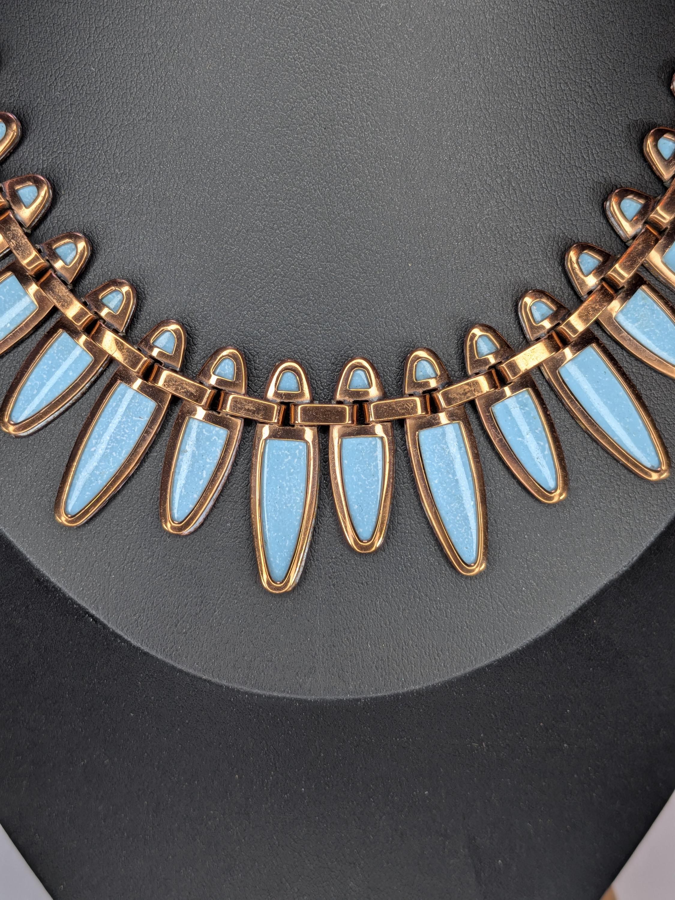 Vintage Matisse Renoir Turquoise Enamel Copper Nefertiti Jewelry - RARE Complete Set view 3