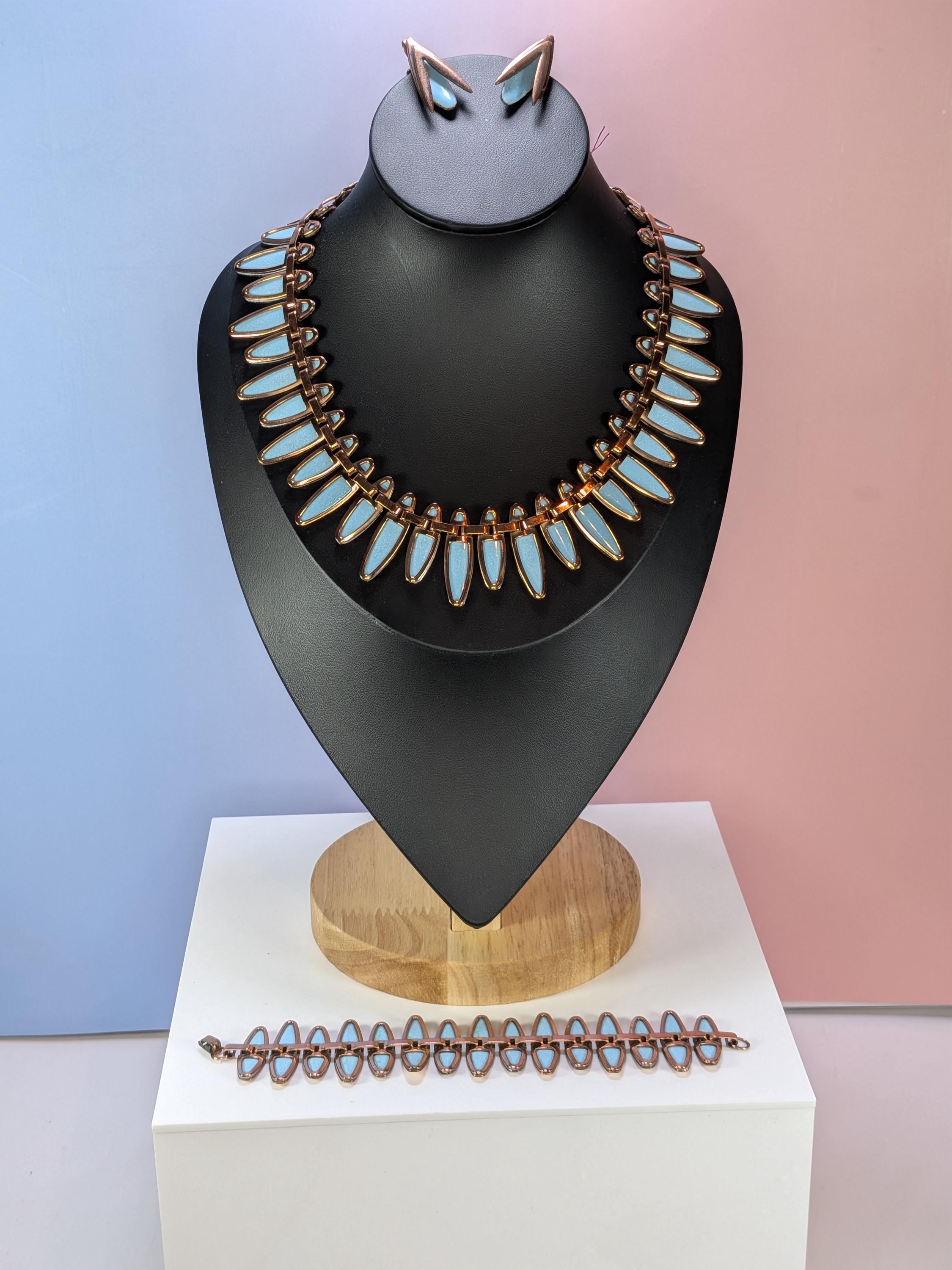 Vintage Matisse Renoir Turquoise Enamel Copper Nefertiti Jewelry - RARE Complete Set view 7